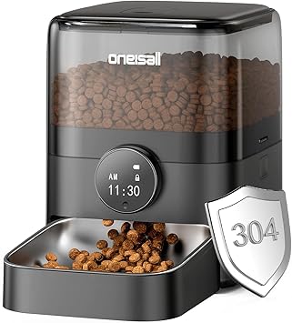 oneisall 3L Automatic Cat Feeder with 304 Stainless Steel Bowl, Cat Food Dispenser Automatic with Timer, Timed Dry Food Auto Feeders for Cats Dogs, Double Lock 1-6 Meals