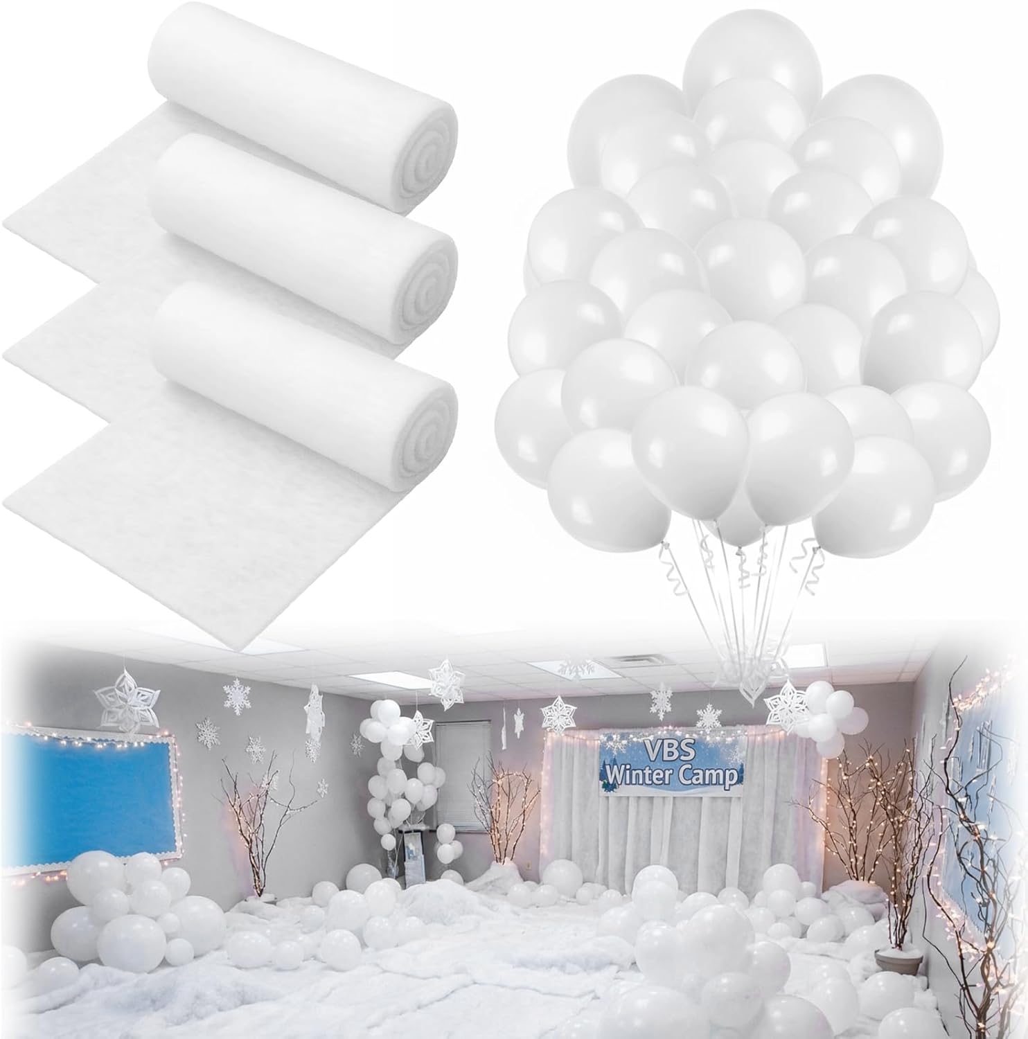 Snowball Mountain Decoration Kit for VBS 2026 Party 6 Pack Snow Blanket with 115 White Balloons for VBS 2026 Winter Mountain Decoration Set Vacation Bible School Backdrop Program