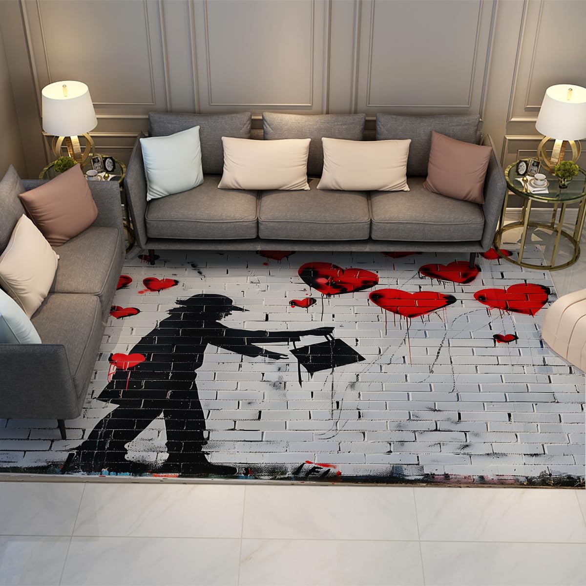 Tapis chambre garçon Banksy gris noir rouge 100x150cm style graffiti
