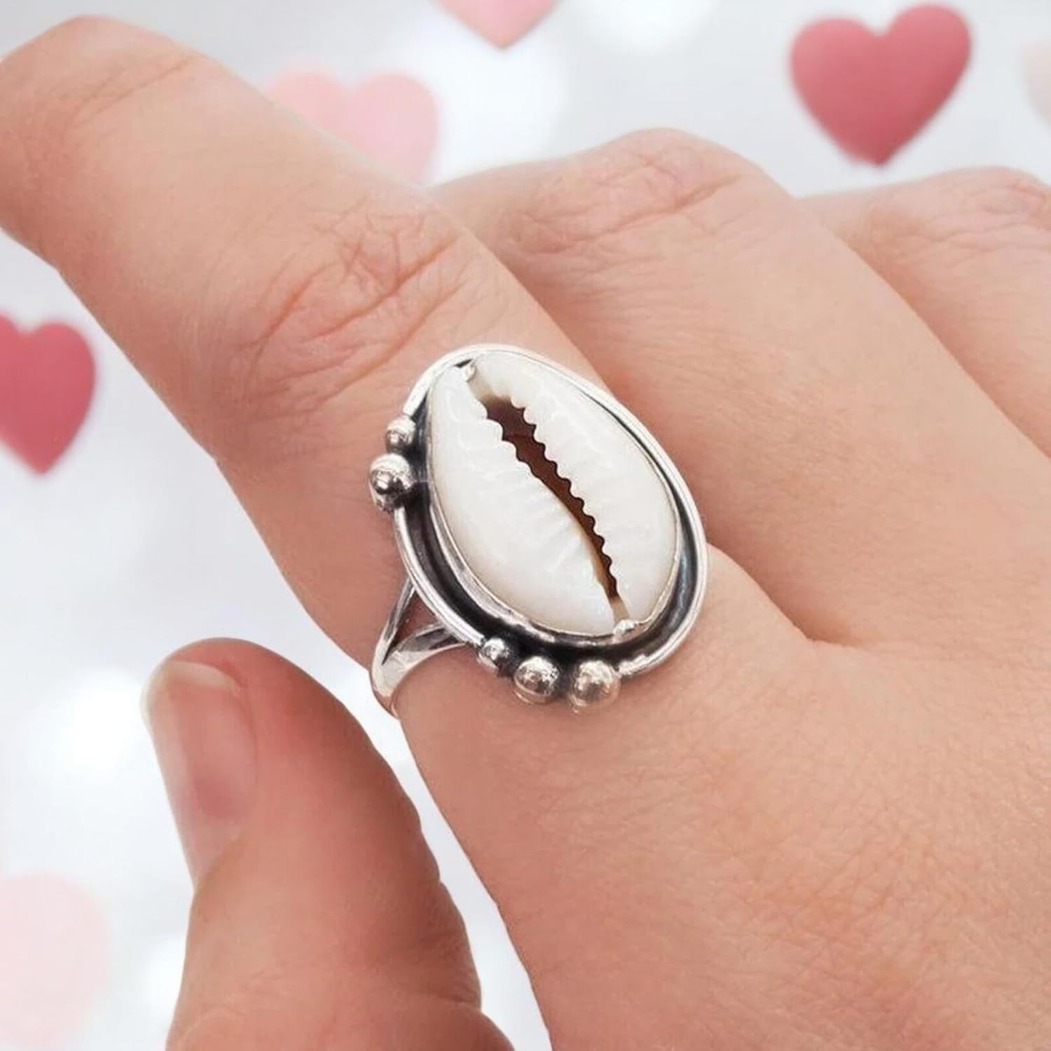 Cowrie 925 Sterling Silver Ring For Women Girls, Cowrie Ring, Natural Beach Shell Ring, Hammered Jewelry Mothers Day Ring By Saanvi Jewellery