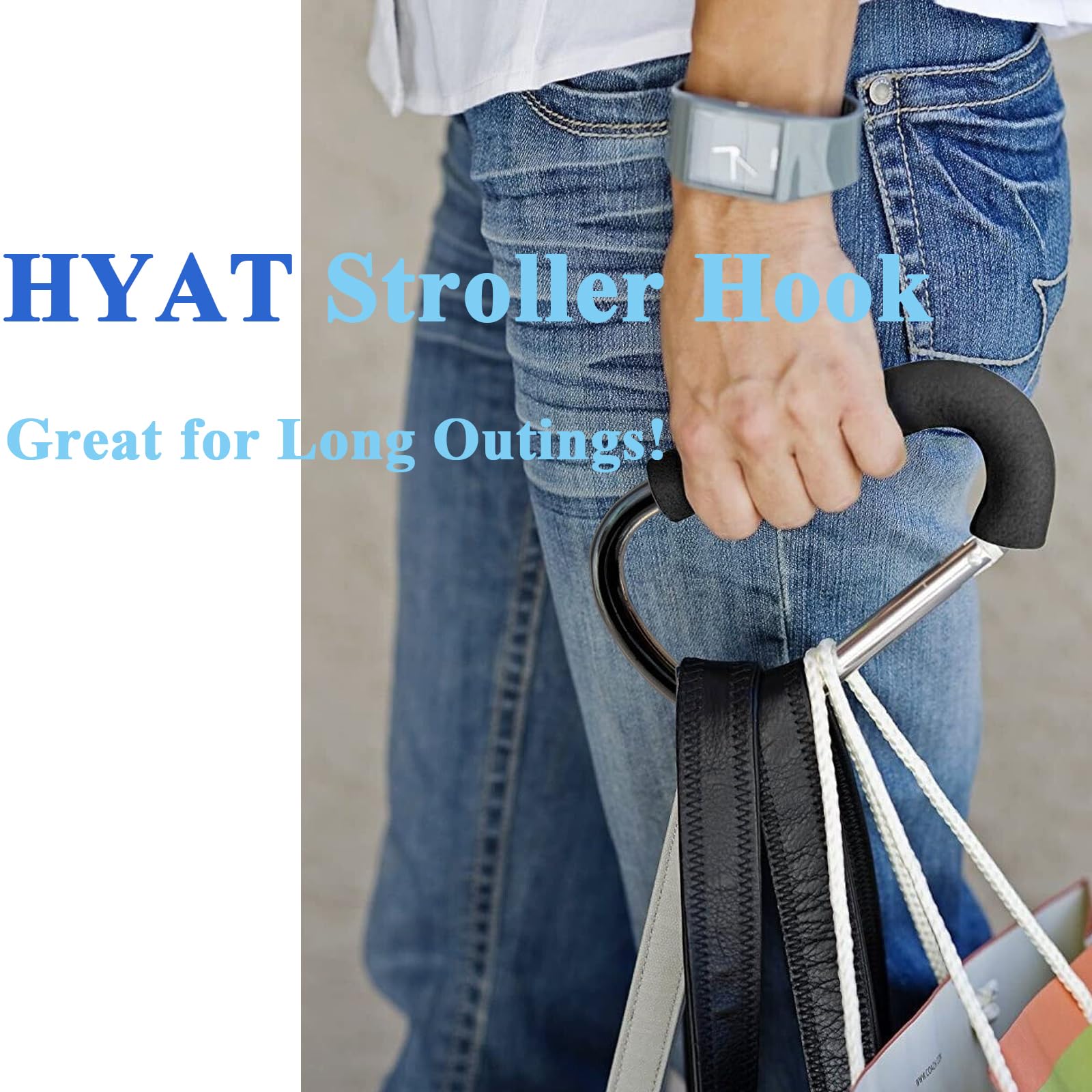 Large Stroller Hooks for Mommy, 2 pcs Carabiner Stroller Hook Organizer for Hanging Purses, Diaper Bag, Shopping Bags. Clip Fits Single/Twin Travel Systems, Car Seats (Silver+Golden Yellow