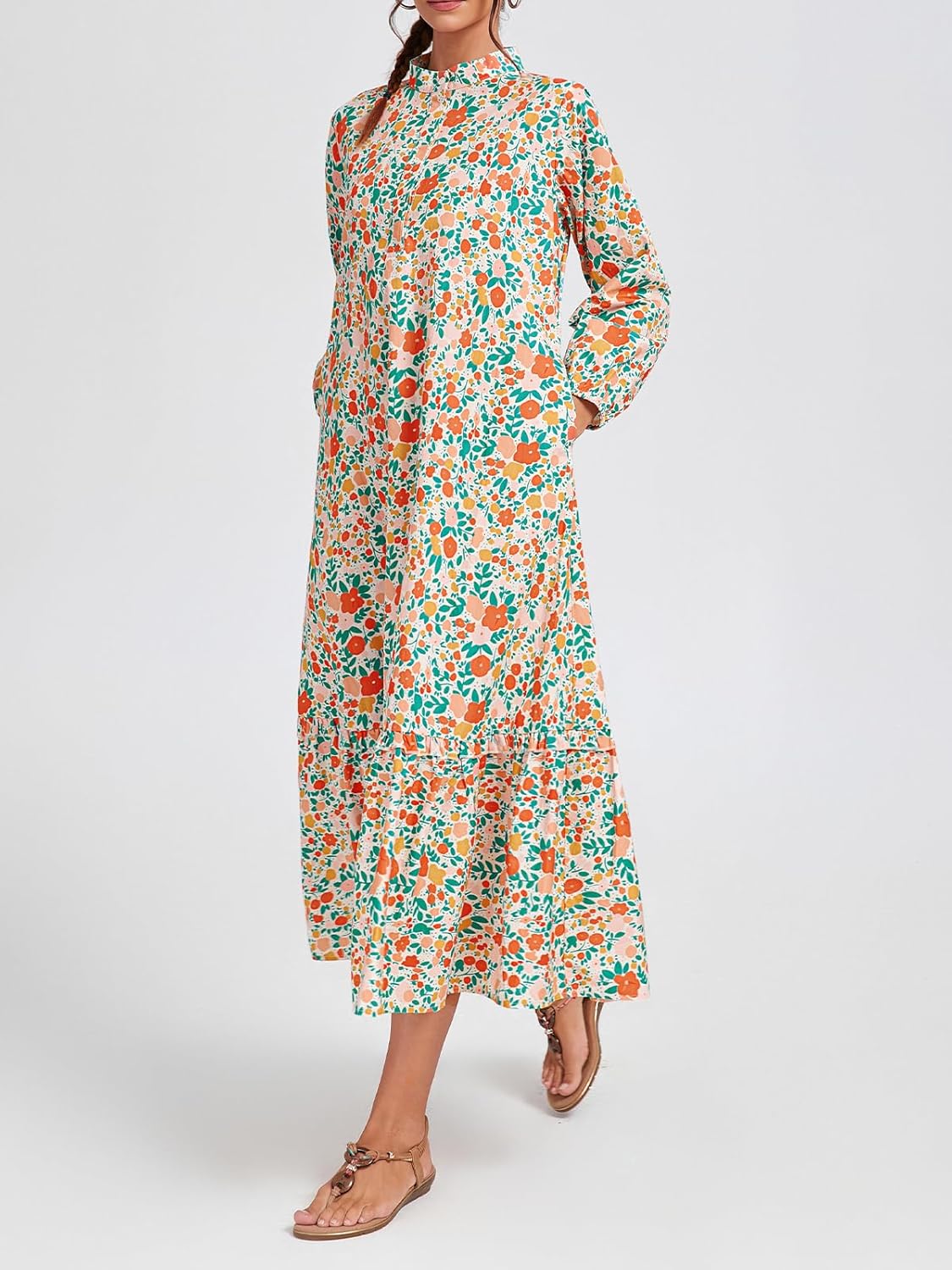 Fall Floral Long Sleeve Maxi Dress for Women Crew Neck Button Down Loose Flowy Boho Dresses 2025 - Image 5