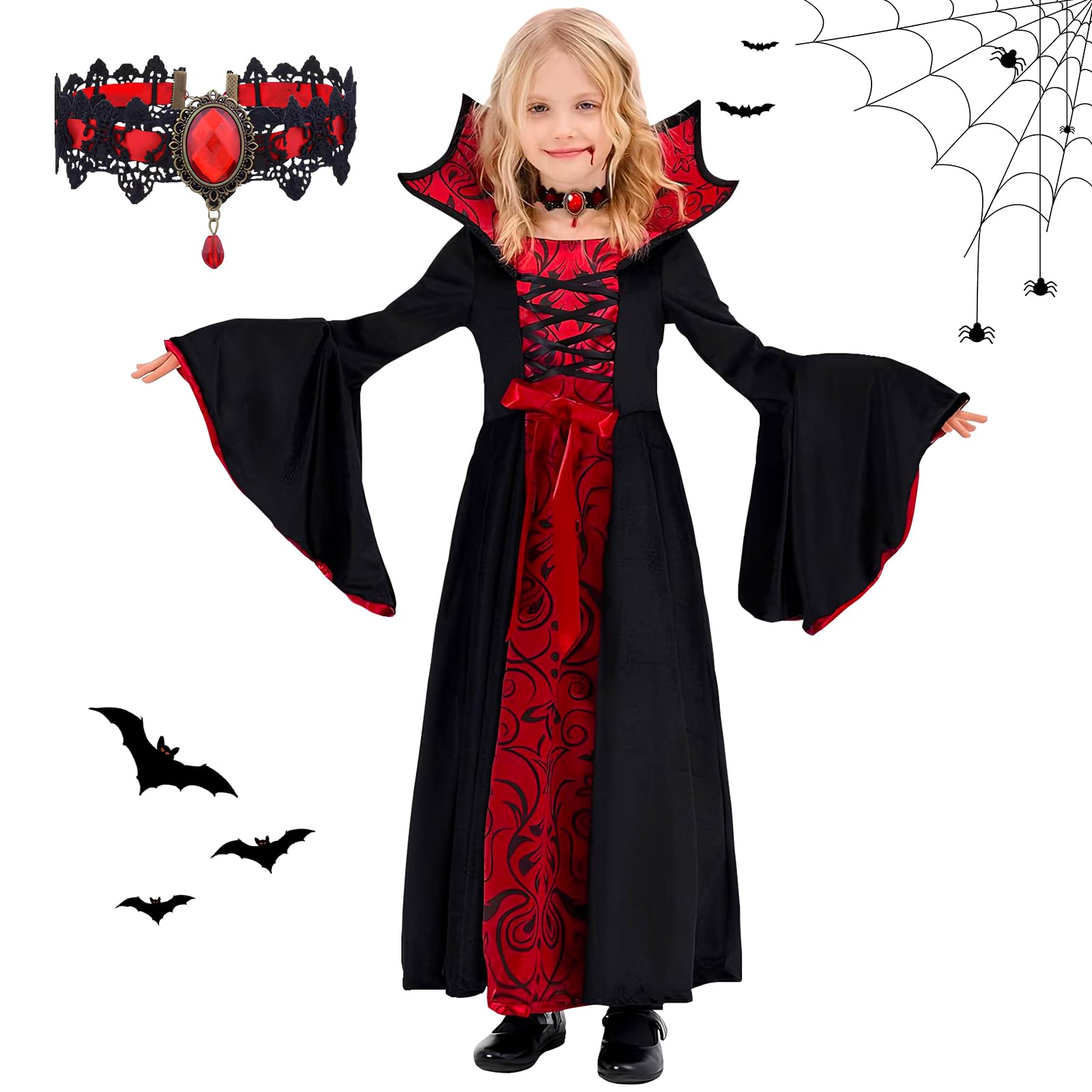 TZPAUG Disfraz de Reina Vampiresa Gótica para Niña — Vestido Cosplay Vampiro con