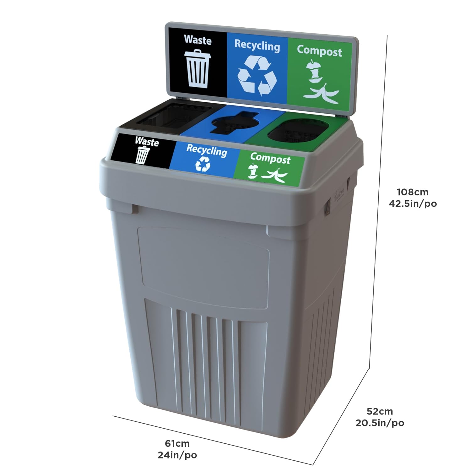 Flex E Bin - 50 Gallons | 3-in-1 Streams | Waste, Recycling, & Compost Basket with Backboard | Grey Color