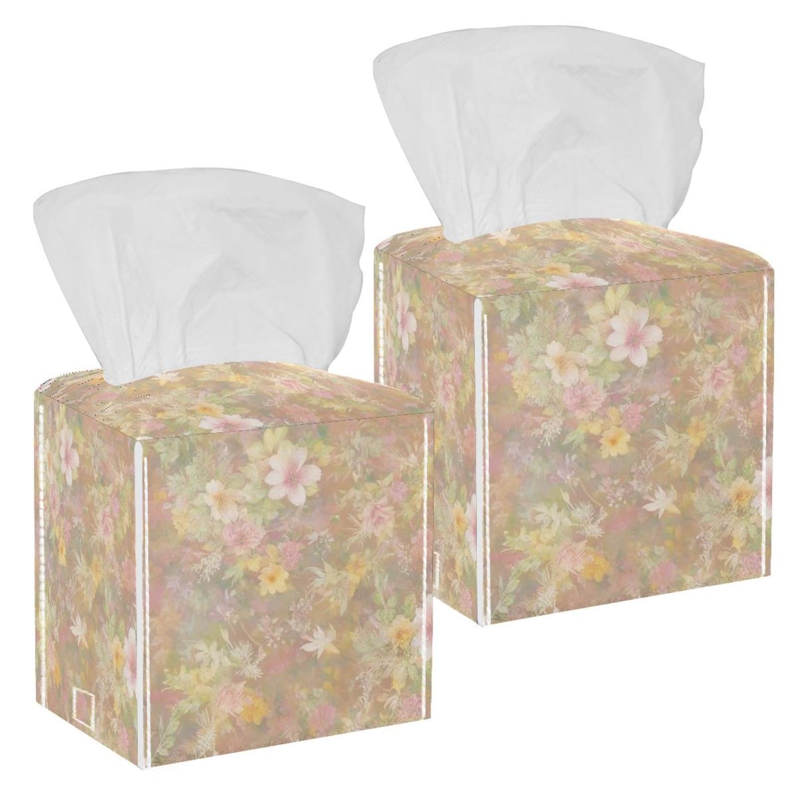 Aesthetic Flower Tissue Box Cover, 2 Pack PU Leather Square Facial Tissue Dispenser Box holder for Home Office Car