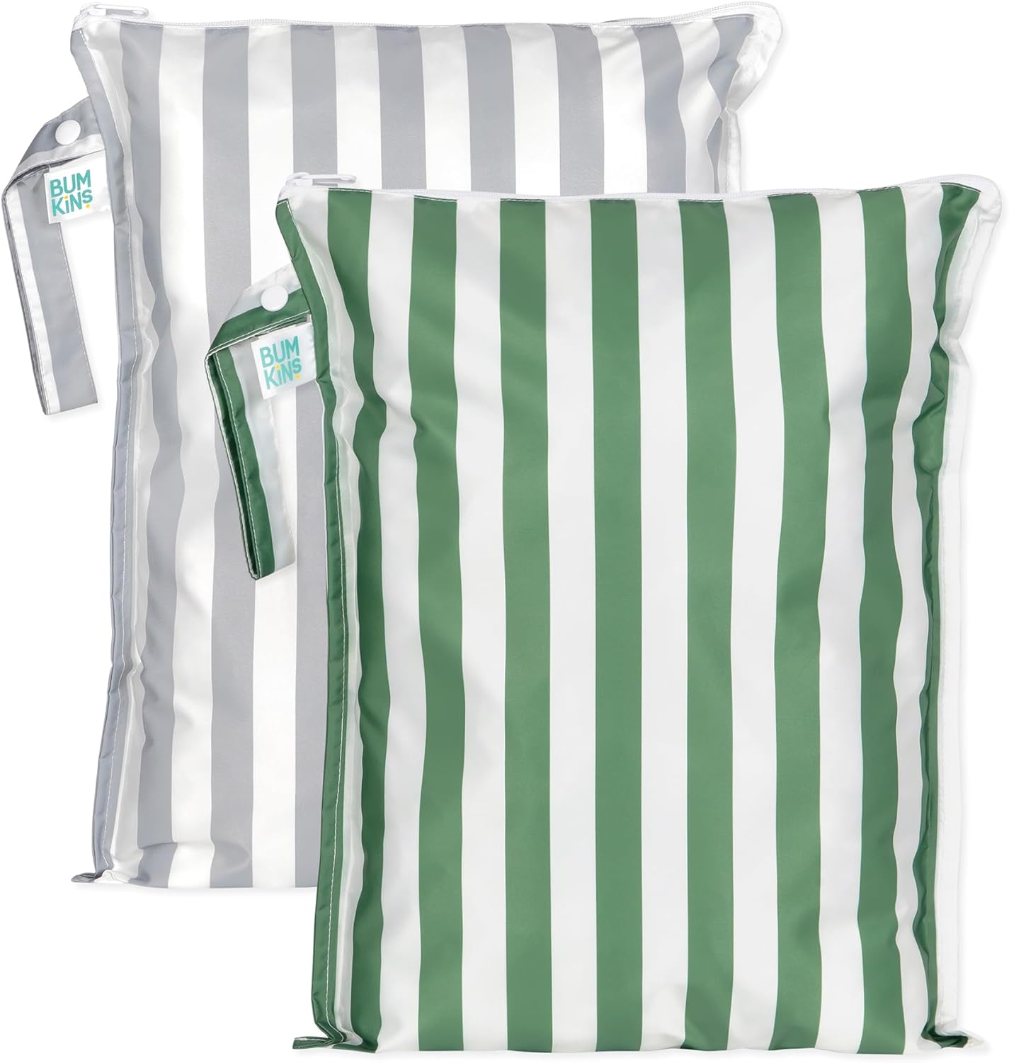Bumkins - Larger Waterproof Wet Bag - For Baby, Travel, Swim Suit, Cloth Diapers, Pump Parts, Pool, Gym, Toiletry, Strap to Stroller - Reusable & Easy to Clean - 2pk - Gray & Green Stripe