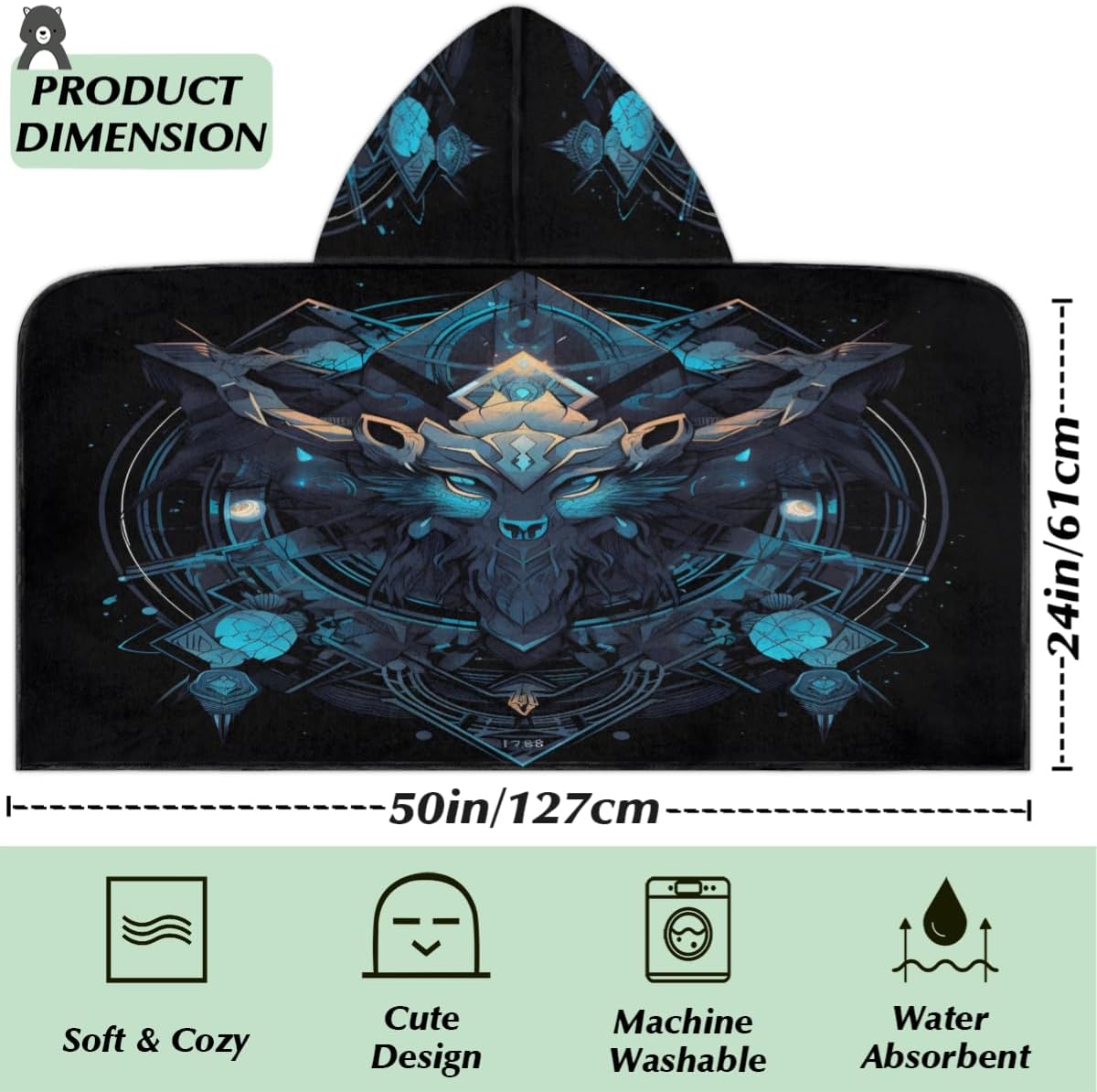 Pardick Kids Bath Towel Geometric Wolf Beach Towel with Hood Pool Cover Up for Girls Boys Soft Absorbent Hooded Bath Towel Toddler Towels for Beach, Pool