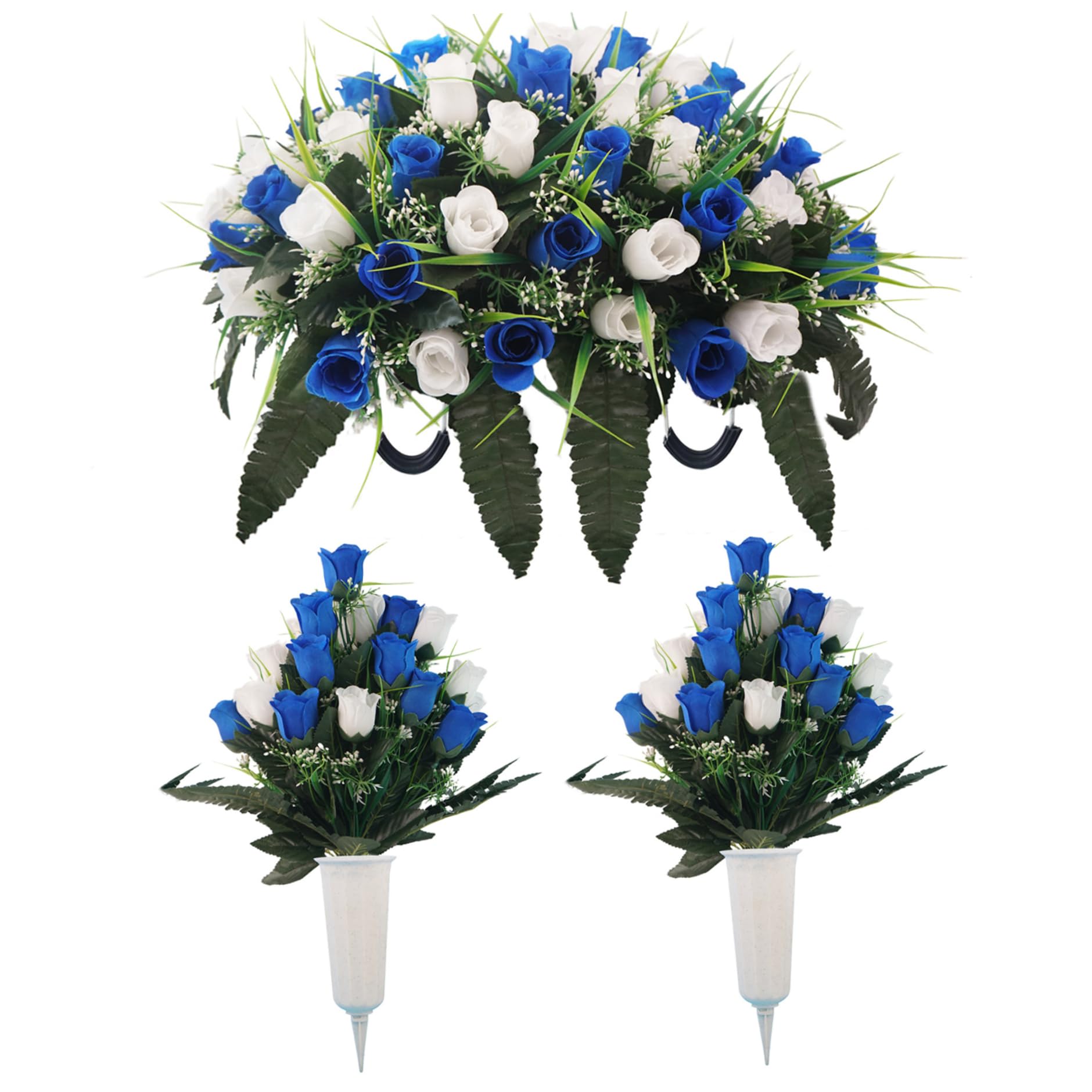 Selle de fleurs artificielles et 2 bouquets funéraires bleu et blanc pour tombe