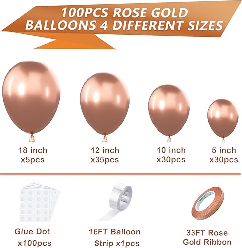 Miniatura 2 de YAOWKY Kit de arco de guirnalda de globos de oro rosa, 100 globos metálicos de látex de oro rosa de 18, 12, 10 y 5 pulgadas, diferentes tamaños para