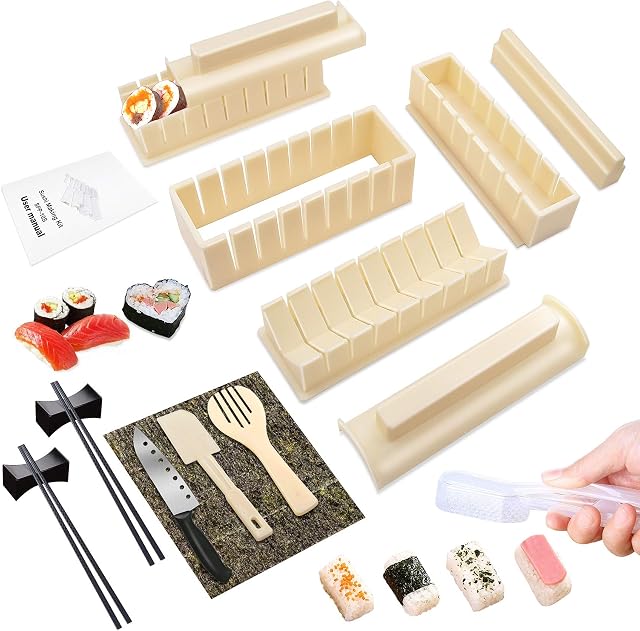 AYAOQIANG Sushi Making Kit,16 Pieces Plastic Sushi Maker Tool with 9 Different Shapes of Sushi Rice Roll Mold Shapes,Fork Spatula,Chopsticks,Chopsticks Holders,Knife,DIY Home Sushi Tools
