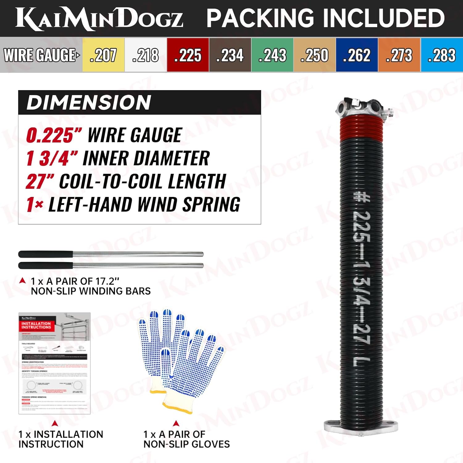 Left Hand Wind (Black Cone) 1.75" Garage Door Torsion Spring with Non-Slip Winding Bars & Gloves for Replacement, Electrophoresis Black Coated, MIN 16,000 Cycles (0.225x1.75"x27")