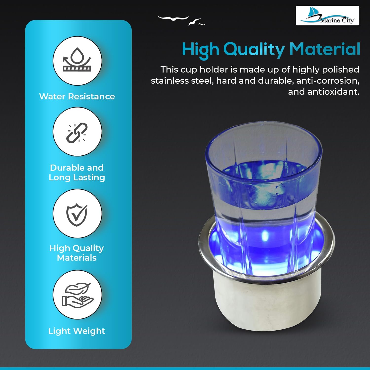MARINE CITY 8 Blue LED Lights Cup Holder with Drain – 304 Stainless Steel, Corrosion-Resistant, Easy to Install for Boats, Yachts, Ships, Kayaks