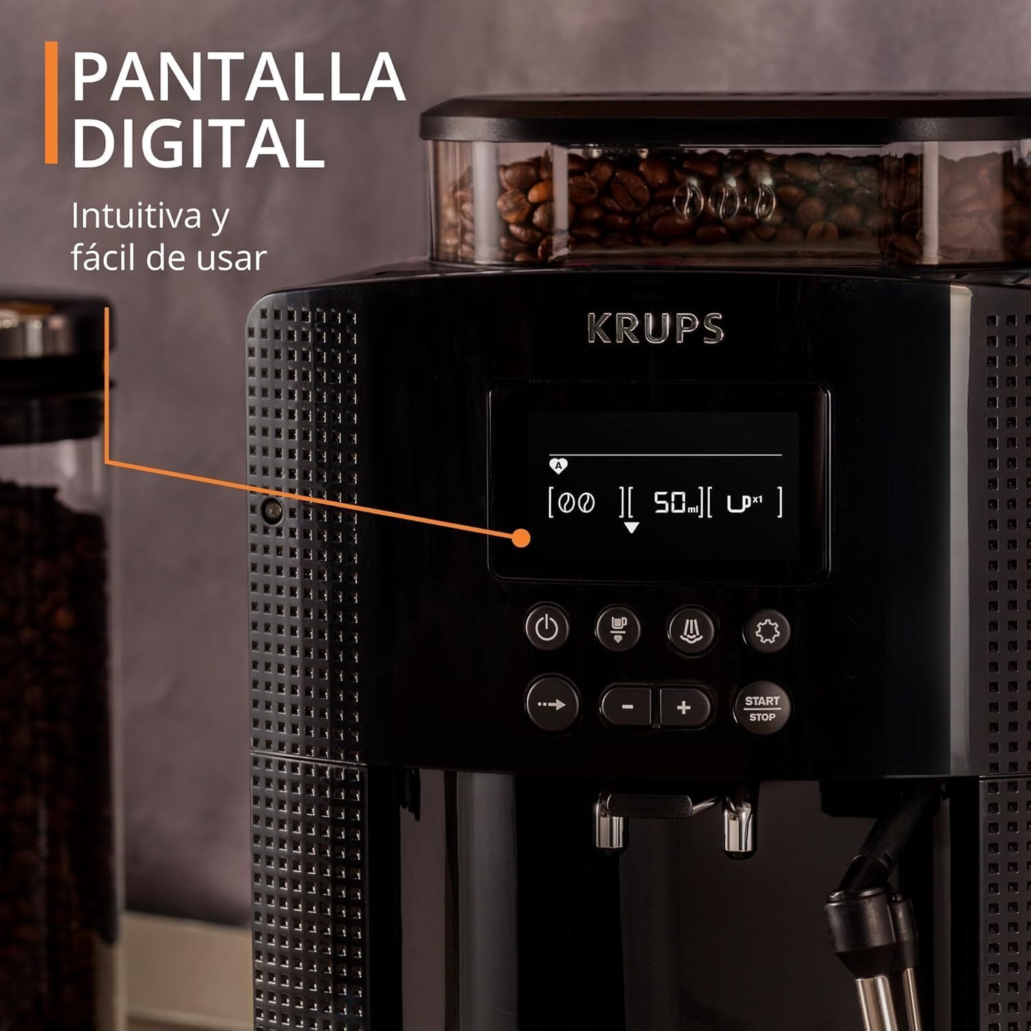 Krups Essential, Cafetera superautomática, Depósito de agua de 1,7 L, 3 niveles de temperatura, 3 texturas de molienda, 15 Bares, Pantalla LCD intuitiva, Incluye accesorio para la leche, Negra, EA8160 - 2