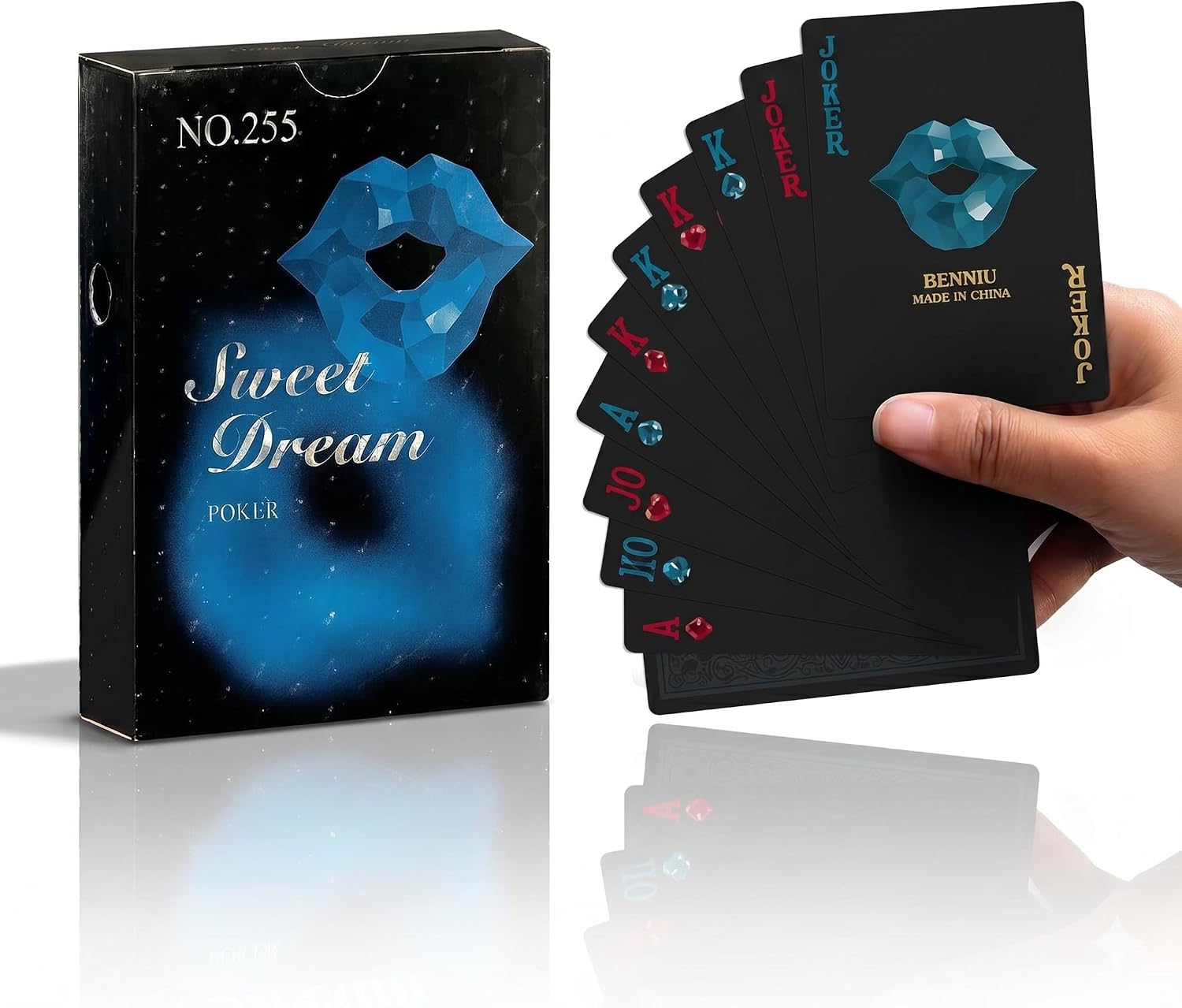 Ben Niu Waterproof Black PVC Playing Cards, 3D Red Gemstone Lips, 1 Deck | Waterproof black PVC deck with 3D red gemstone lips. Designed for magic tricks, cardistry, tabletop games, and collections.