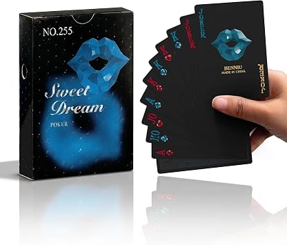 Ben Niu Plastic Cardistry Playing Cards, Waterproof Black Deck with Bold Red Lips Design, Unique Aesthetic Cards for Magic Tricks & Flourishes, Artistic Gift for Couples, 1 Deck Blue Box