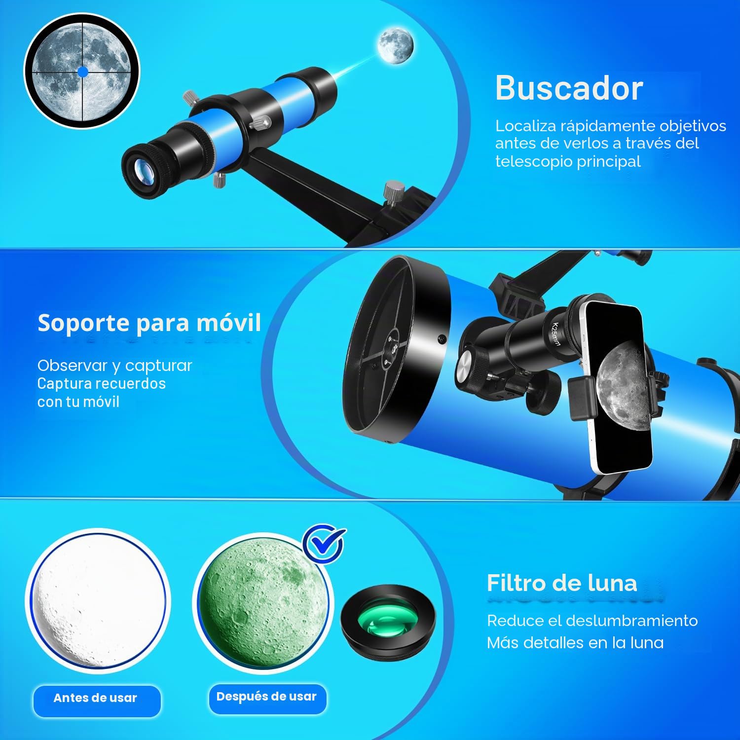 150EQ Telescopio Astronómico Adultos, Profesional Telescopio Reflector Portátil Principiantes con Montura Ecuatorial, Trípode, Adaptador Teléfono, Filtro Lunar y Bolsa de Transporte