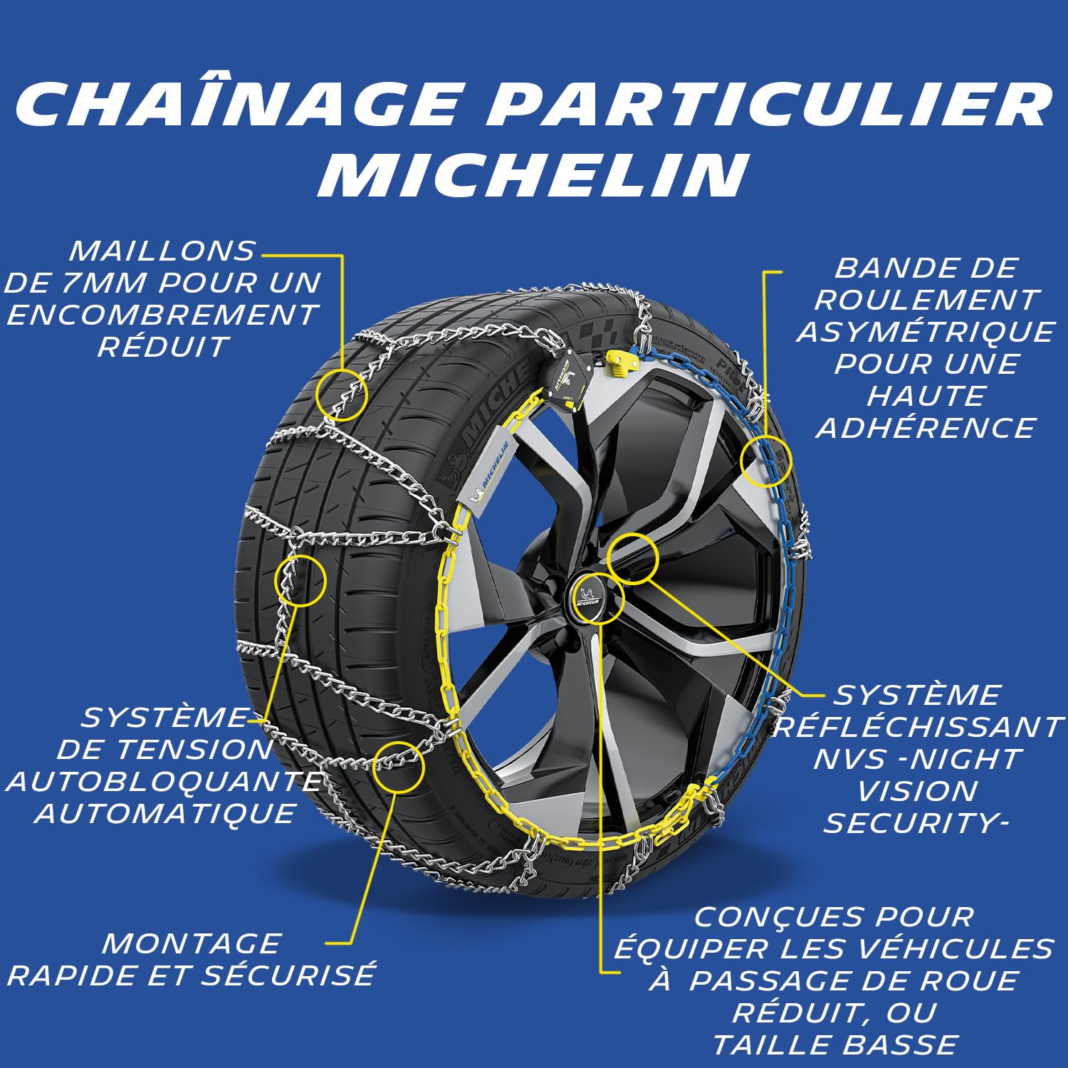 MICHELIN EXTREM GRIP, Chaînes à neige métalliques 7 mm, Tension Automatique, N°130 - Compatibles Véhicules Electriques, Passage de Roues Réduit – Montage Rapide - Adhérence Optimale Neige et Verglas