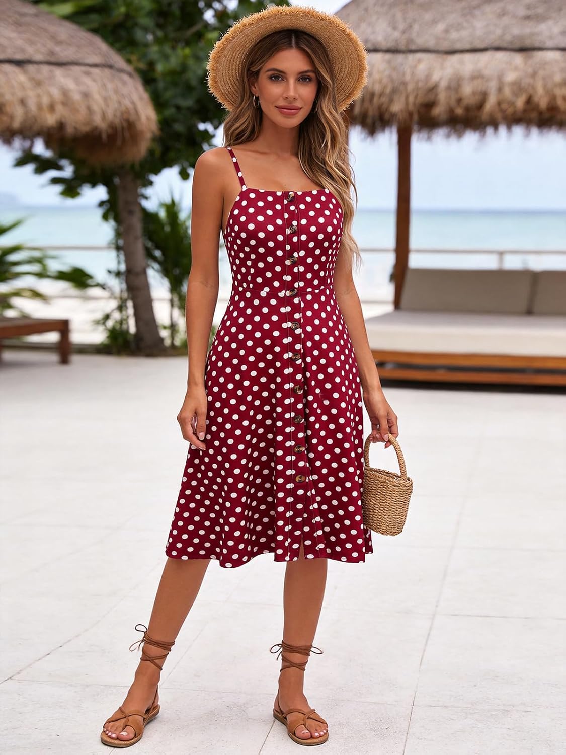 Berydress Women's Casual Beach Summer Dresses 2025 Solid Cotton Flattering A-Line Spaghetti Strap Button Down Midi Sundress - Image 5