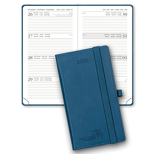 POPRUN Pocket Diary 2023 Week to View 16.5 x 9 cm - Slim Weekly Planner A6 runs Dec'22 - Dec'23 with Dotted Note Pages, Vegan Leather Hardback,Navy Blue
