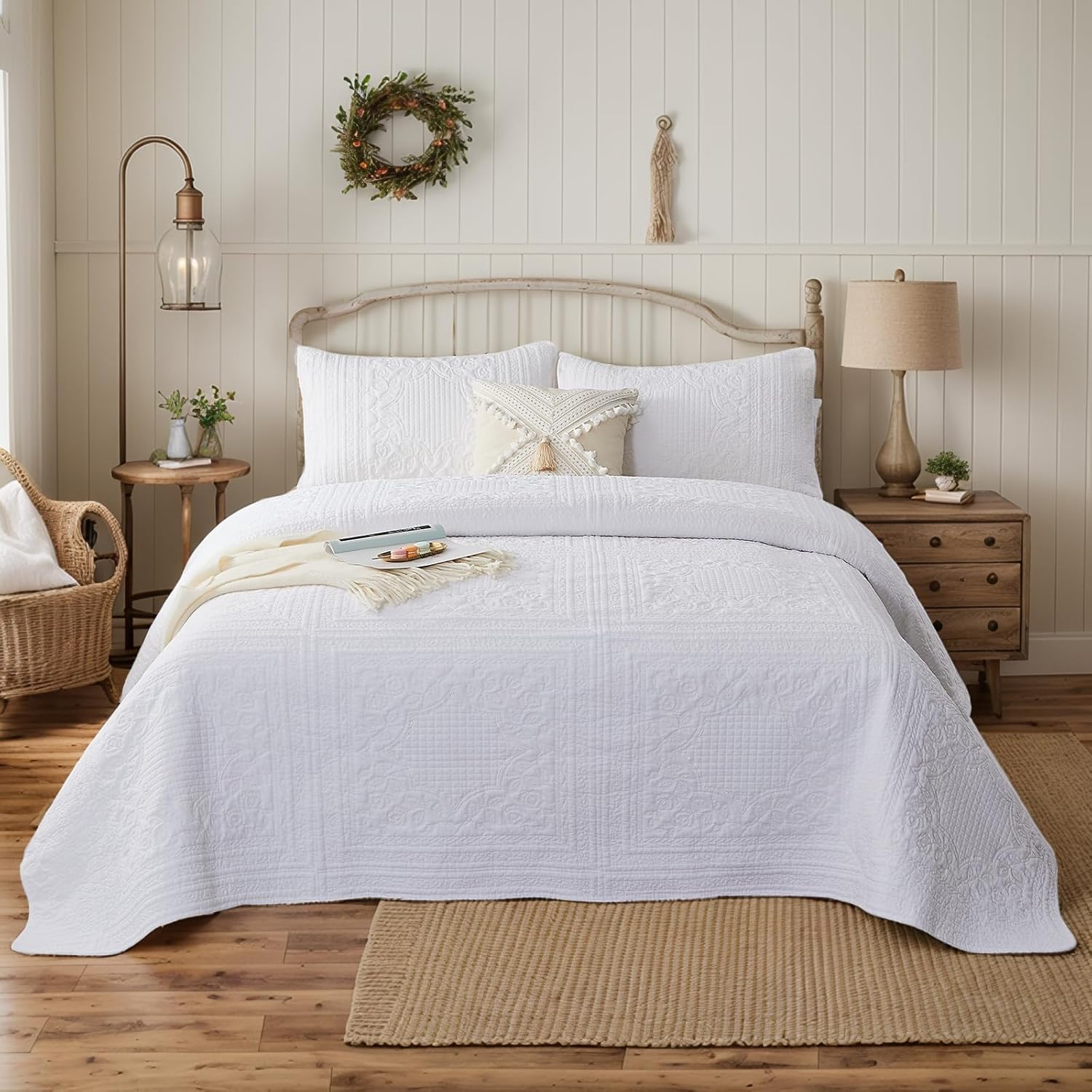 Brandream White Quilt King Size Cotton Matelasse Coverlet Set Farmhouse Quilts 3-Piece - Image 5