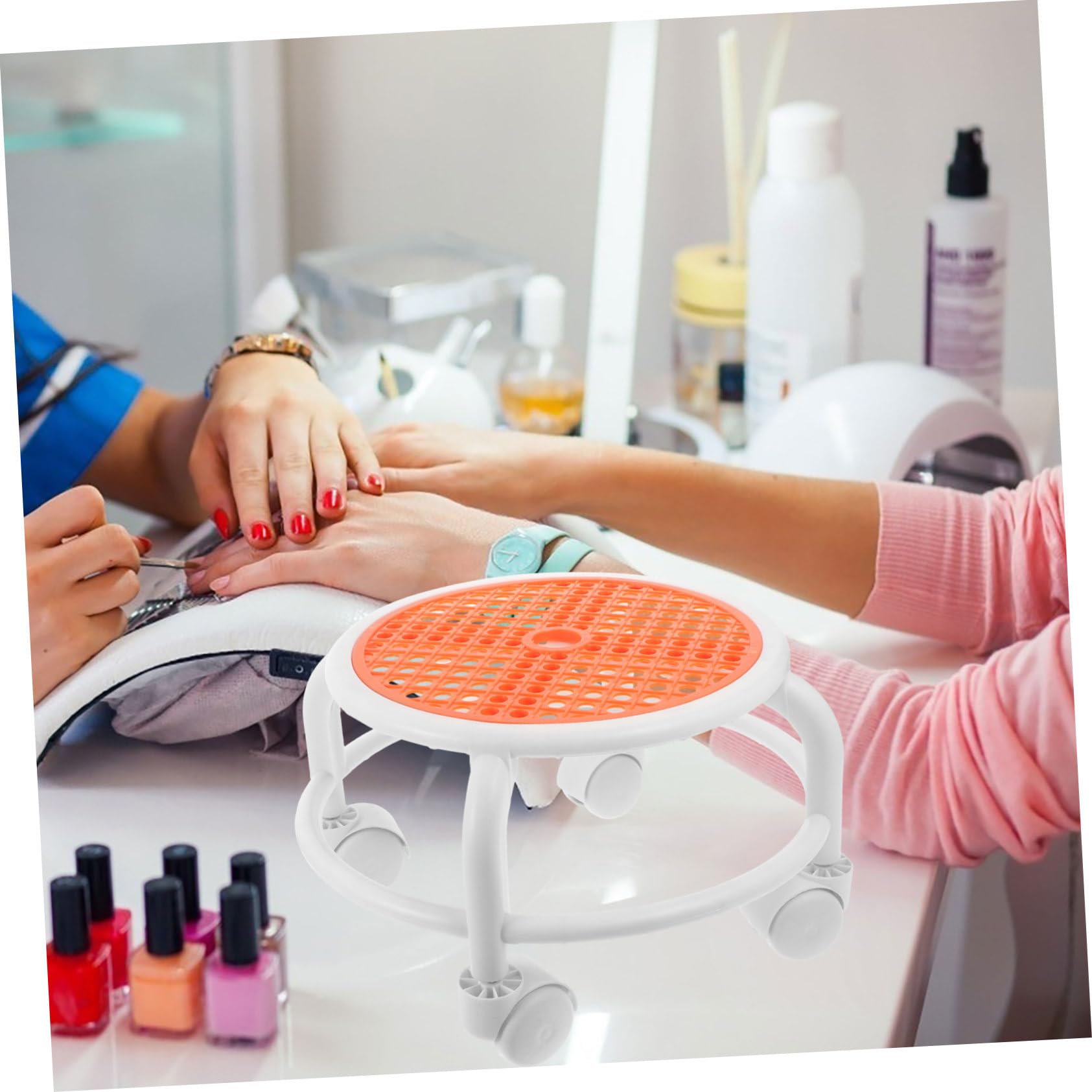 FRCOLOR Sgabello Girevole Basso Rotelle per Pedicure e Manicure | Poltrona per Unghie dei Clienti, Struttura in Plastico, Uso in Salone e Officina