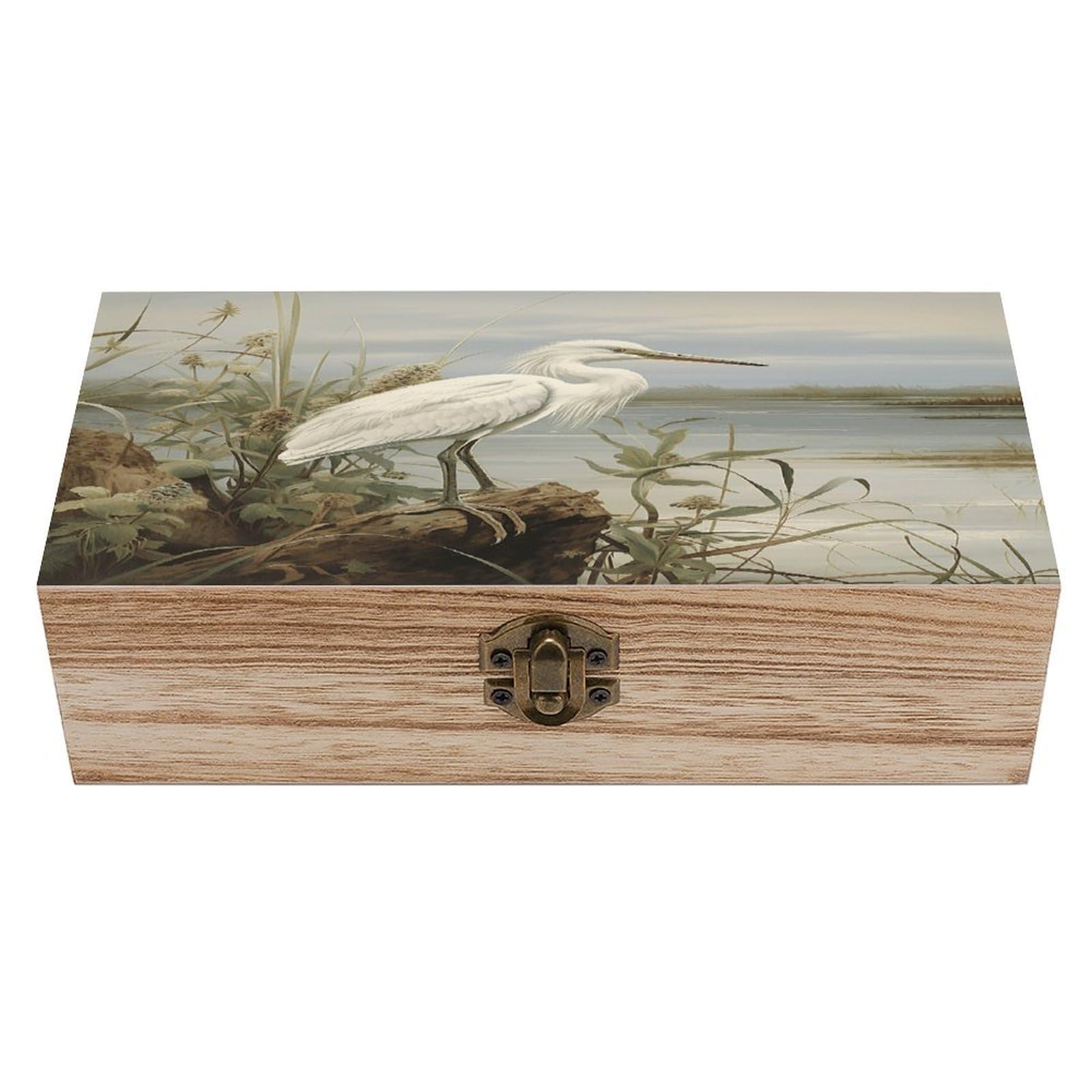VstaDank Swamp Egret Wooden Box with Hinged Lid Handmade Wooden Jewelry Boxs Organizer Personalized Woodens Keepsake Box for Pictures Wedding Photo Jewelry Decorative Chest Rustic Crate