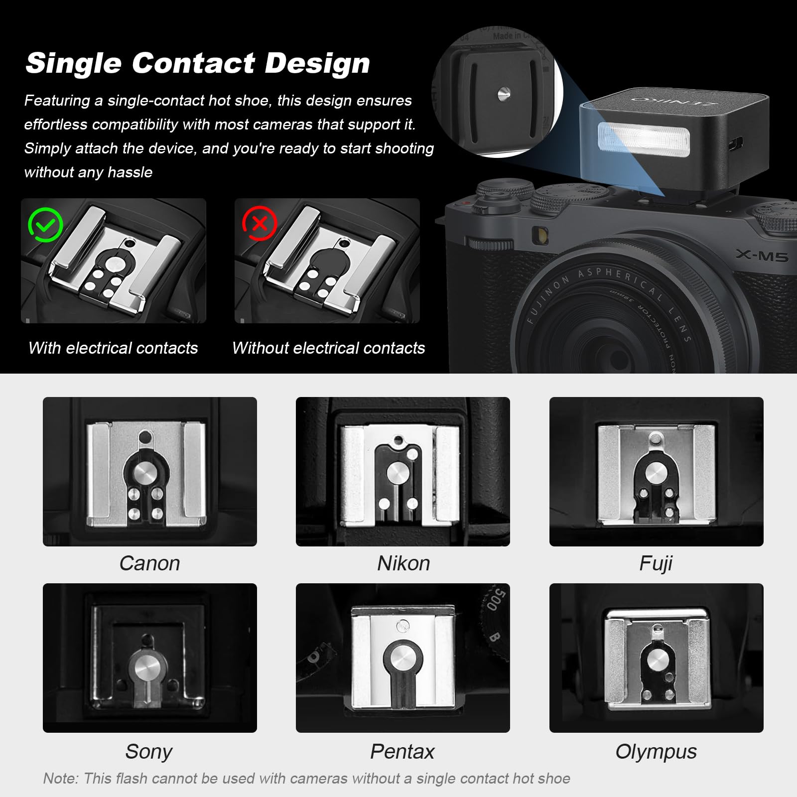 ZENIKO ZF08 Mini Flash Speedlite On Camera Flash GN16, 5 livelli di potenza, CCT 6500k ±200k con attacco universale Hot Shoe ＜3s Riciclaggio rapido per Sony/Canon/Nikon/Panasonic/Olympus (nero, ZF08)