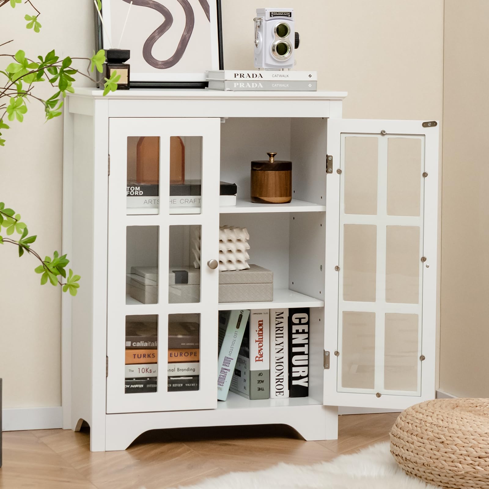 KOMFOTTEU Witryna mała, biała, szafka szklana z 2 regulowanymi półkami, szafka szklana, szafka wielofunkcyjna, 60 x 30 x 80 cm, witryna szklana, szafa do przechowywania do kuchni, salonu, biura