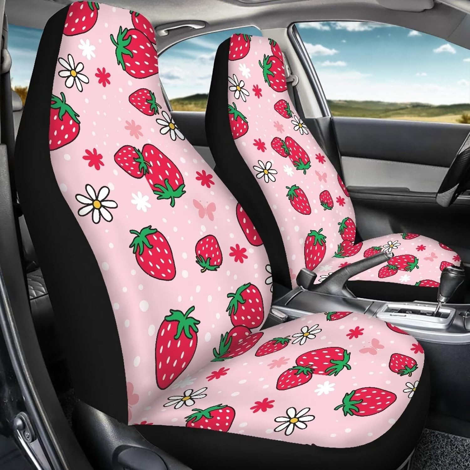 Cute Strawberry Car Seat Covers for Women Waterproof Front Seat Covers Auto Interior Accessories 2 Pcs Set Easy to Install Universal Fit Most Cars,SUV, Trucks