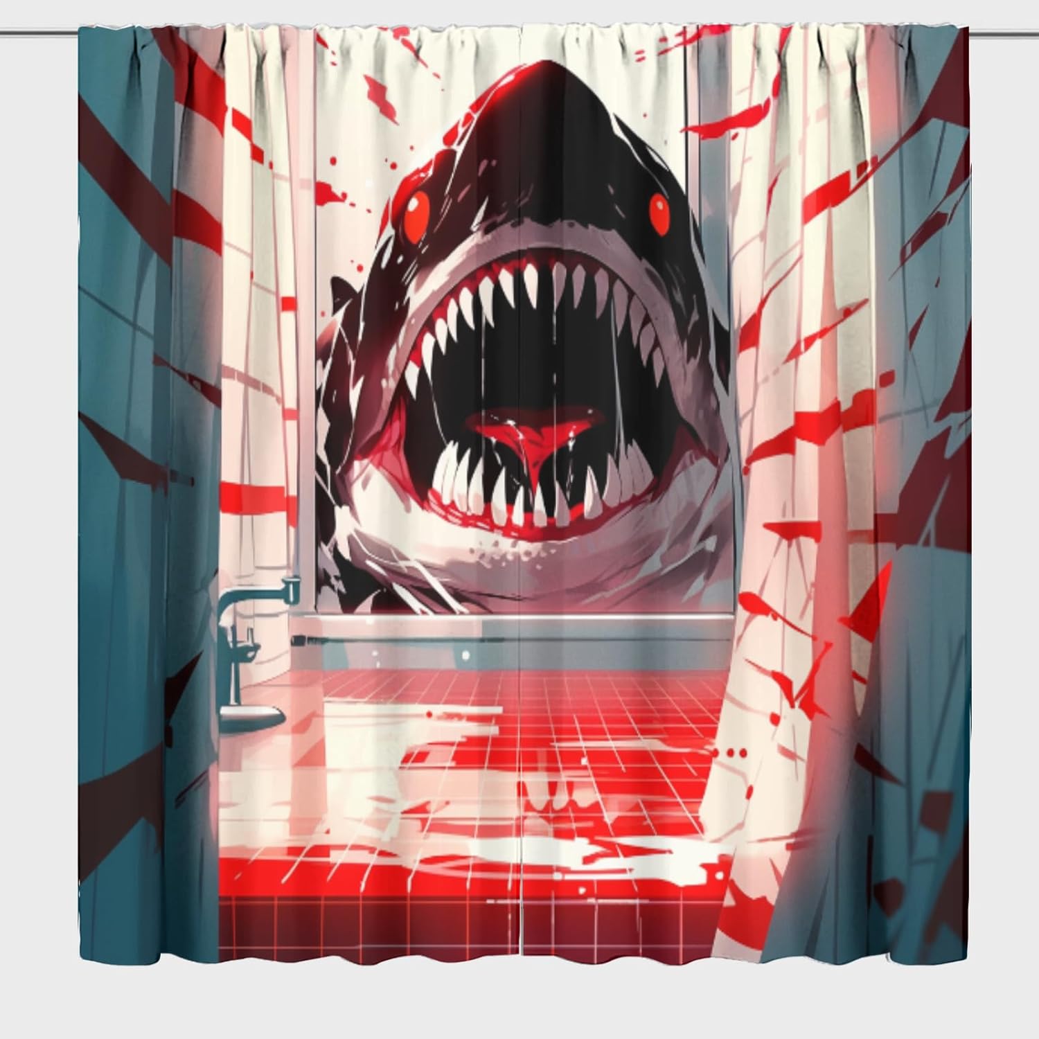 Funny Shark, Living Room Bedroom Drapes Funny Bathroom Shower Cool Animal Room Darkening Rod Pocket Window Curtains 72x63 Inch