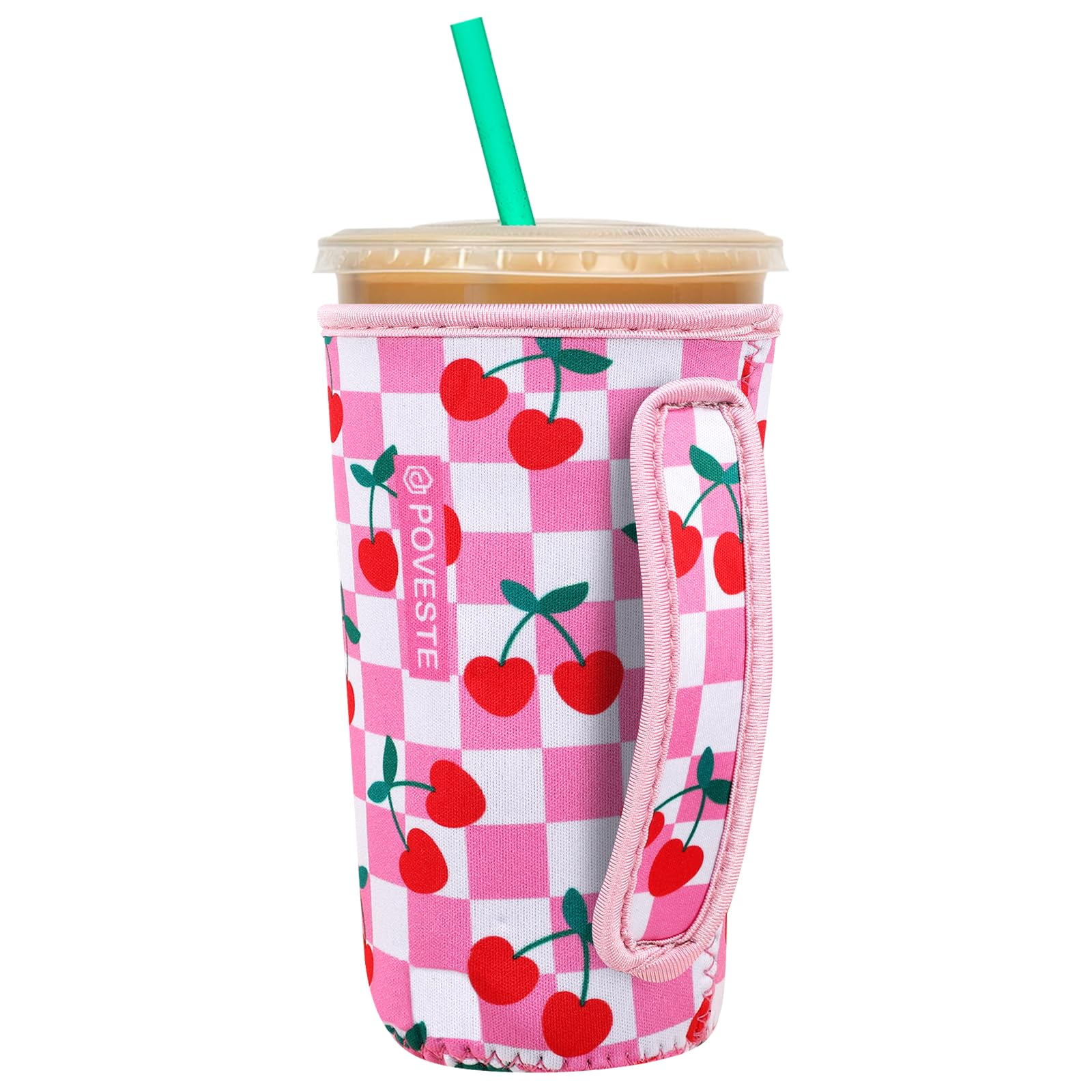 Reusable Neoprene Insulator Sleeve for Iced Coffee &amp; Cold Soda, Coffee Sleeves for Iced &amp; Hot Drinks, Cold Beverage Cooler Compatible with Starbucks, Dunkin (Pink Checkerboard&amp;Cherry, Large: 32oz)