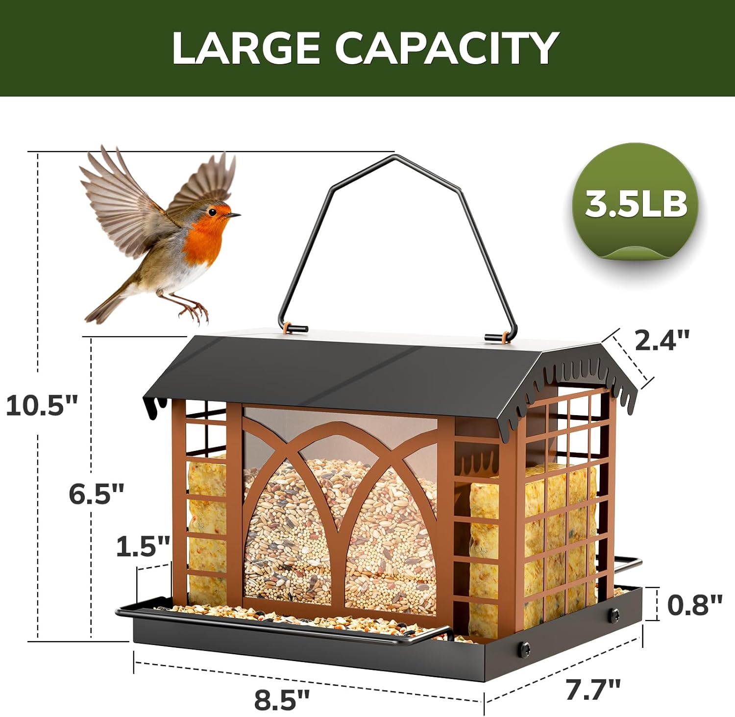 Bird Feeders for Outdoors Hanging, Metal Bird Feeder with Double Suet Cage Weatherproof Metal Roof, 3.5Lbs Large Capacity Great for Attracting Finch Cardinal Chickadee Wild Birds, Pinecone Brown - Image 4