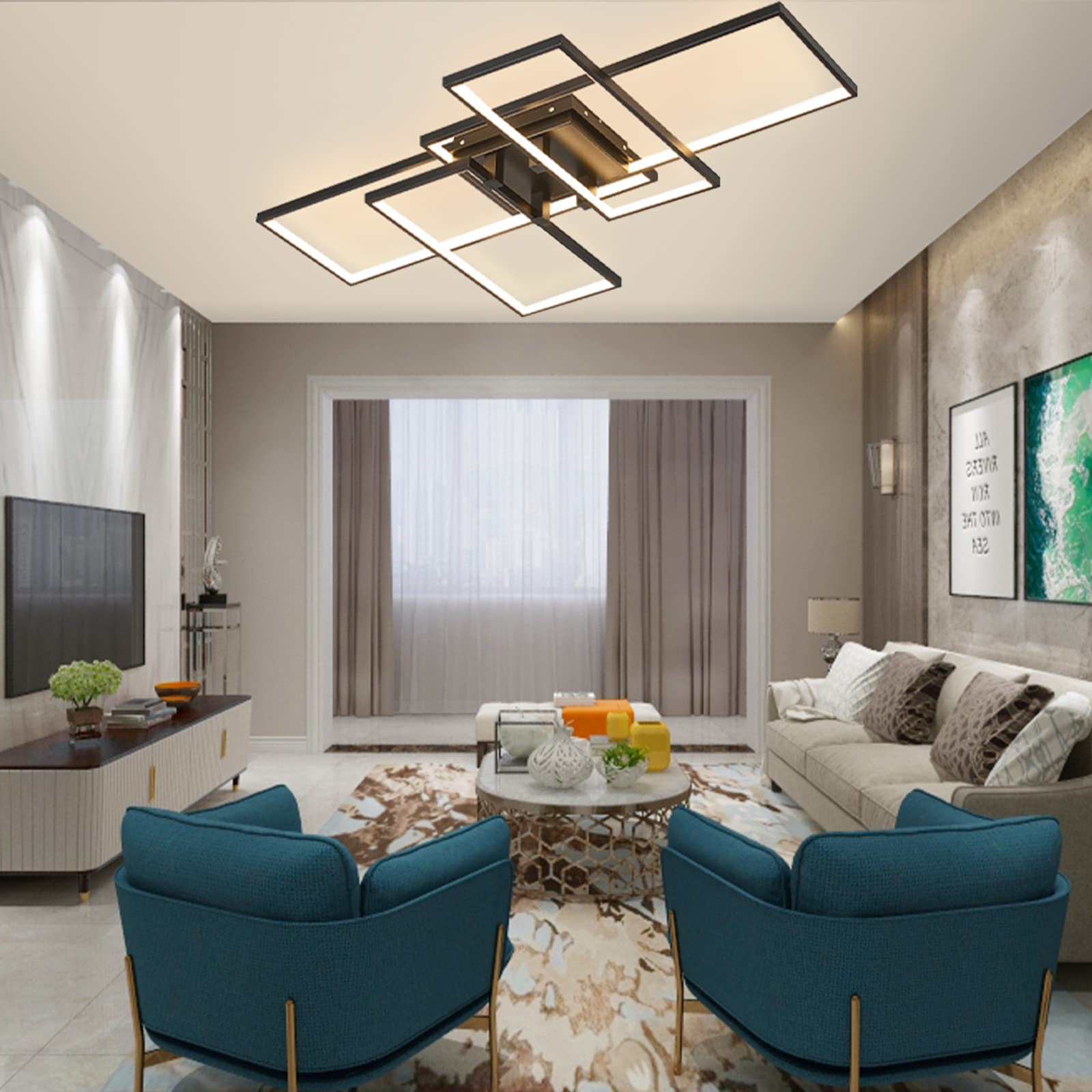 Moderne LED Deckenleuchte Dimmbar 82W, Wohnzimmerlampe Rechteck Deckenlampe Leuchten Schlafzimmer mit Fernbedienung Lichtfarbe Helligkeit Farbwechsel, Deckenbeleuchtung Lampe Dimming Innenbeleuchtung