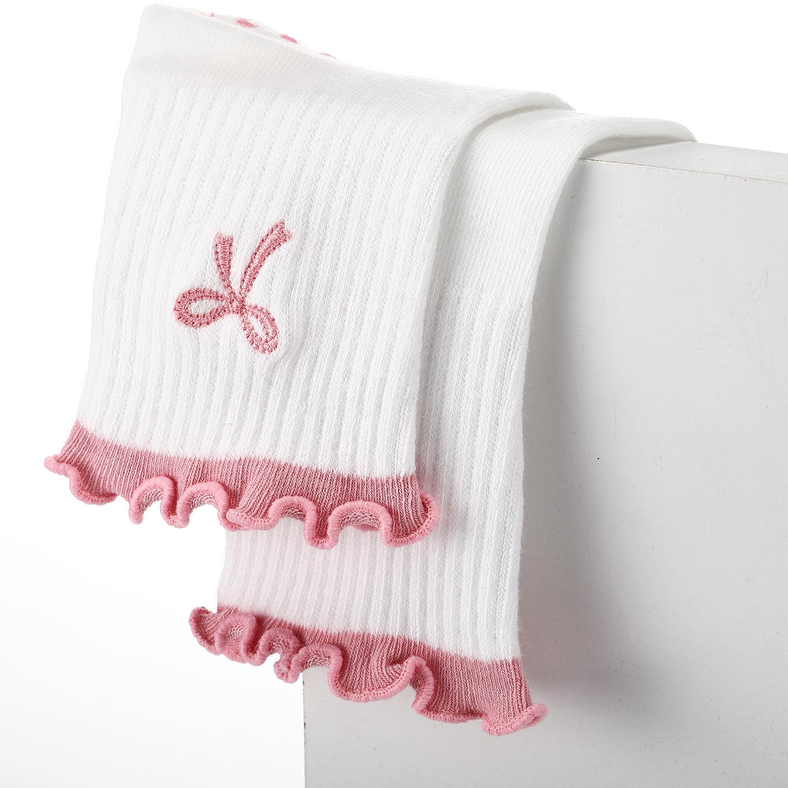 Jeyiour Women Cute Pilates Socks Non Slip Ruffle Yoga Socks with Grip for Crew Yoga Barre Workout Embroidery Pattern(Pink)