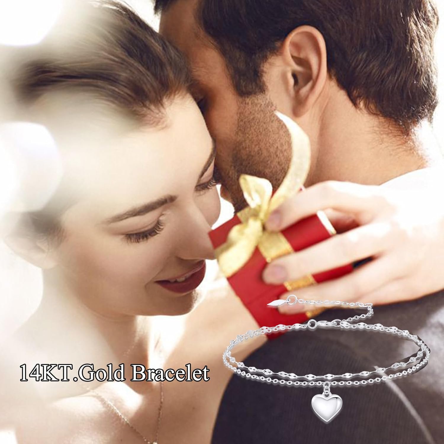 SISGEM Real 14k White Gold Puff Heart Layered Anklet for Women, Solid 14 Karat Gold Love Ankle Bracelets Gifts for Her, 9+1+1 Inches - Image 6