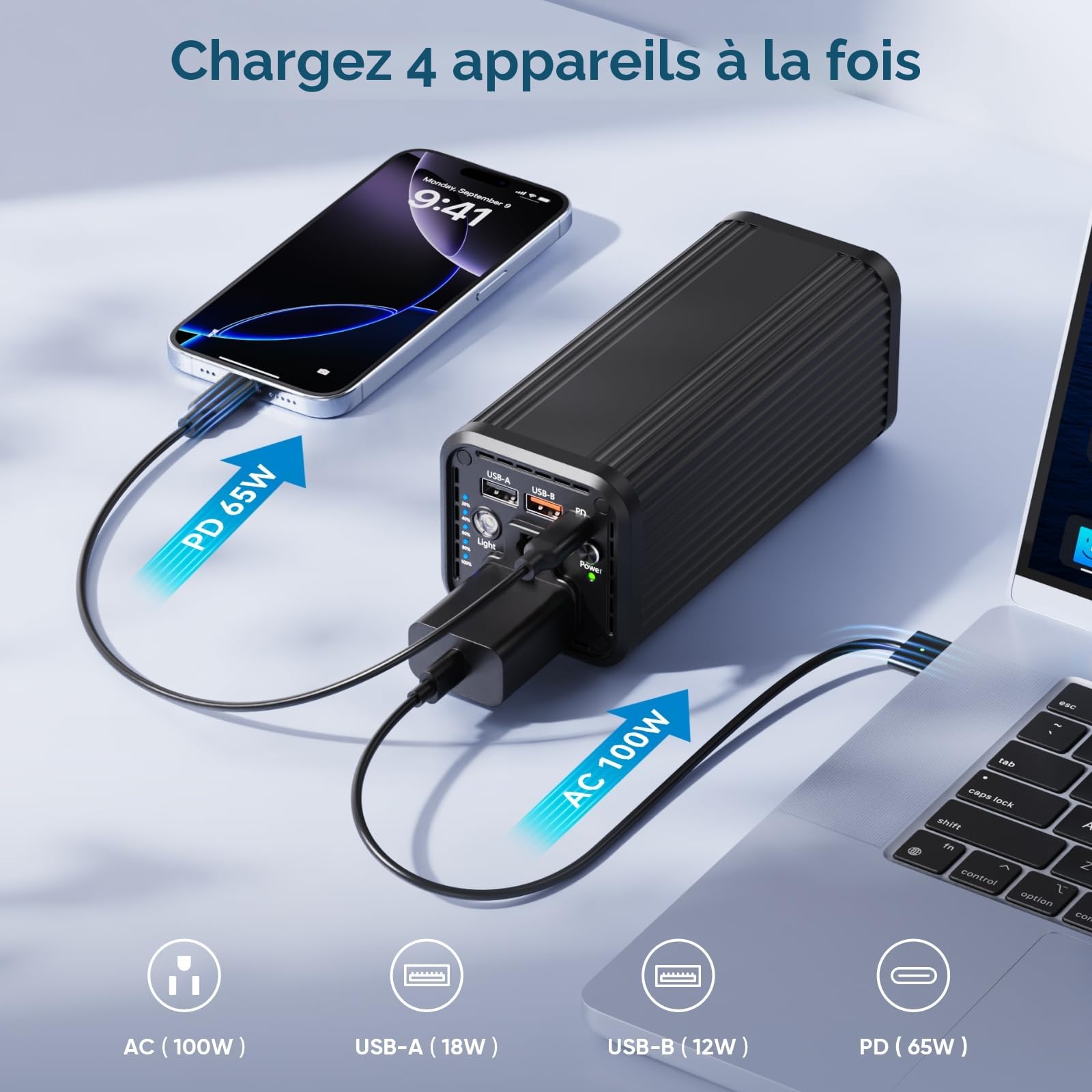 Batterie externe portable pour ordinateur portable, 27 000 mAh 100 W AC, PD 65 W, double voie, charge rapide, batterie externe pour MacBook Air, iPad, iPhone, caméra embarquée, camping, voyage - N22
