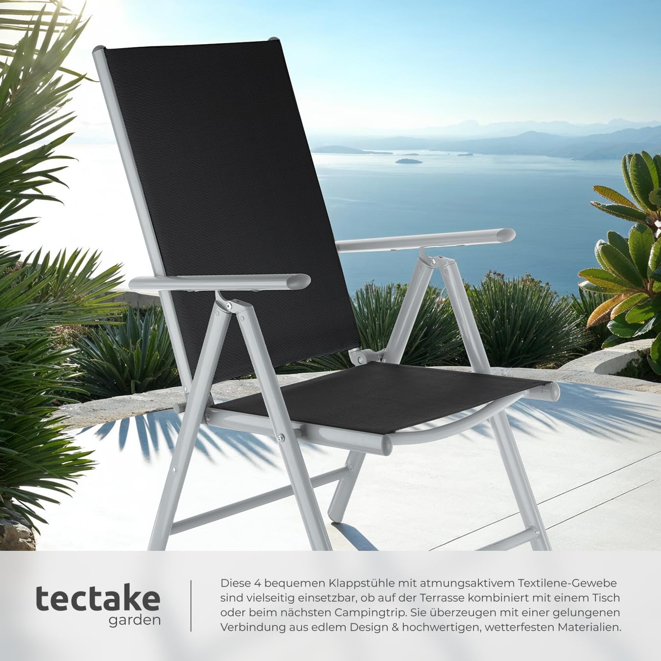 tectake® Aluminium Gartenstuhl 4er Set, Klappstuhl mit 7-Fach Verstellbarer Rückenlehne, Hochlehner mit Armlehnen, Gartenmöbel Set mit 4 Stühlen, für Garten Balkon Terrasse Camping, Silber