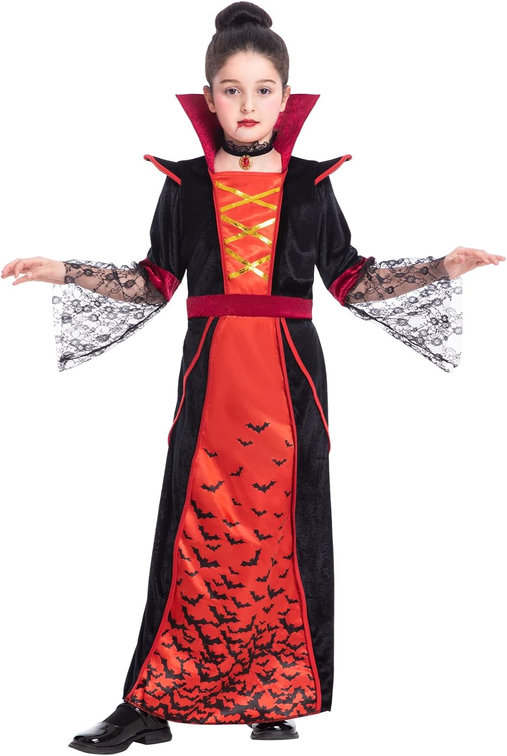 Fooecor Halloween Vampire Costume for Girls Gothic Victorian Queen Dress Up Party Vampire-Themed Party with Vampire Fangs