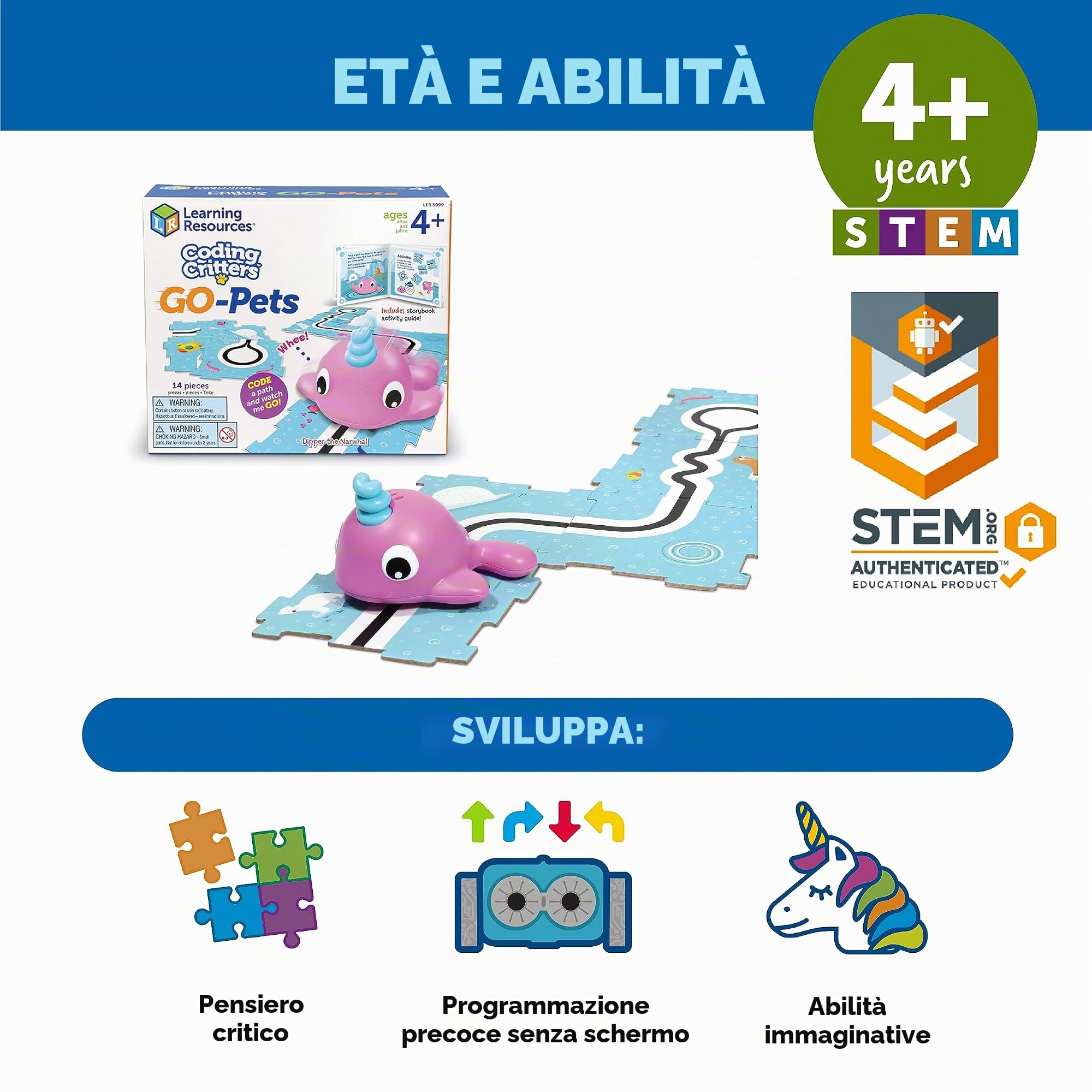 Learning Resources Coding Critters Go Pets Dipper Narvalo Gioco STEM Coding Senza Schermo per Bambini 4+ Regalo Educativo Natale con Libro attività e 16 Tessere