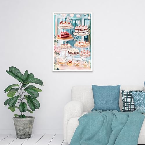 Miniatura 6 de LRCYBMN Póster de moda con estampado de tartas de panadería y cafetería, lienzo de cocina azul funky para decoración de pared, pintura de acuarela