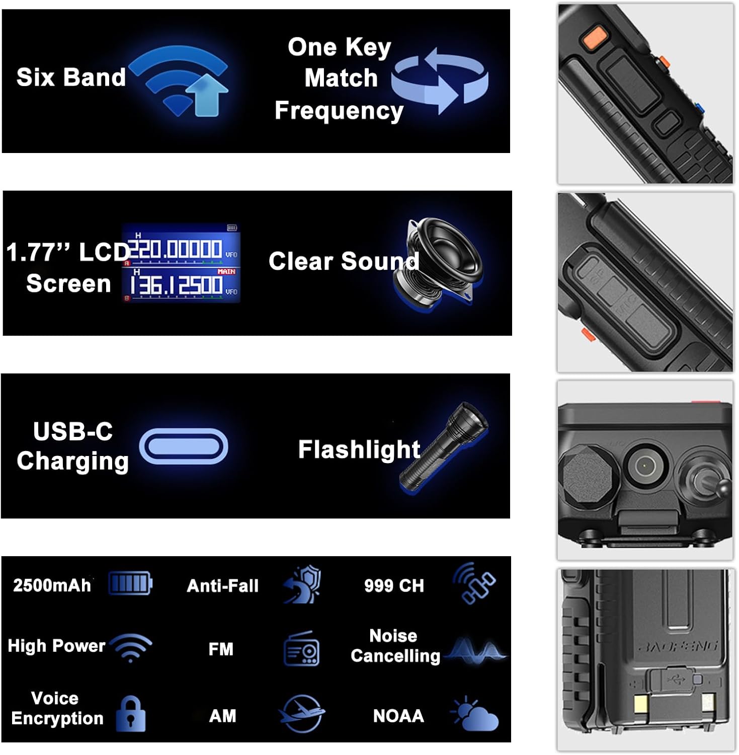 Infographic highlighting key features of BAOFENG UV-5RM: Six Band, One Key Match Frequency, 1.77 inch LCD Screen, Clear Sound, USB-C Charging, Flashlight, 2500mAh, Anti-Fall, 999 CH, High Power, FM, Noise Cancelling, Voice Encryption, AM, NOAA.
