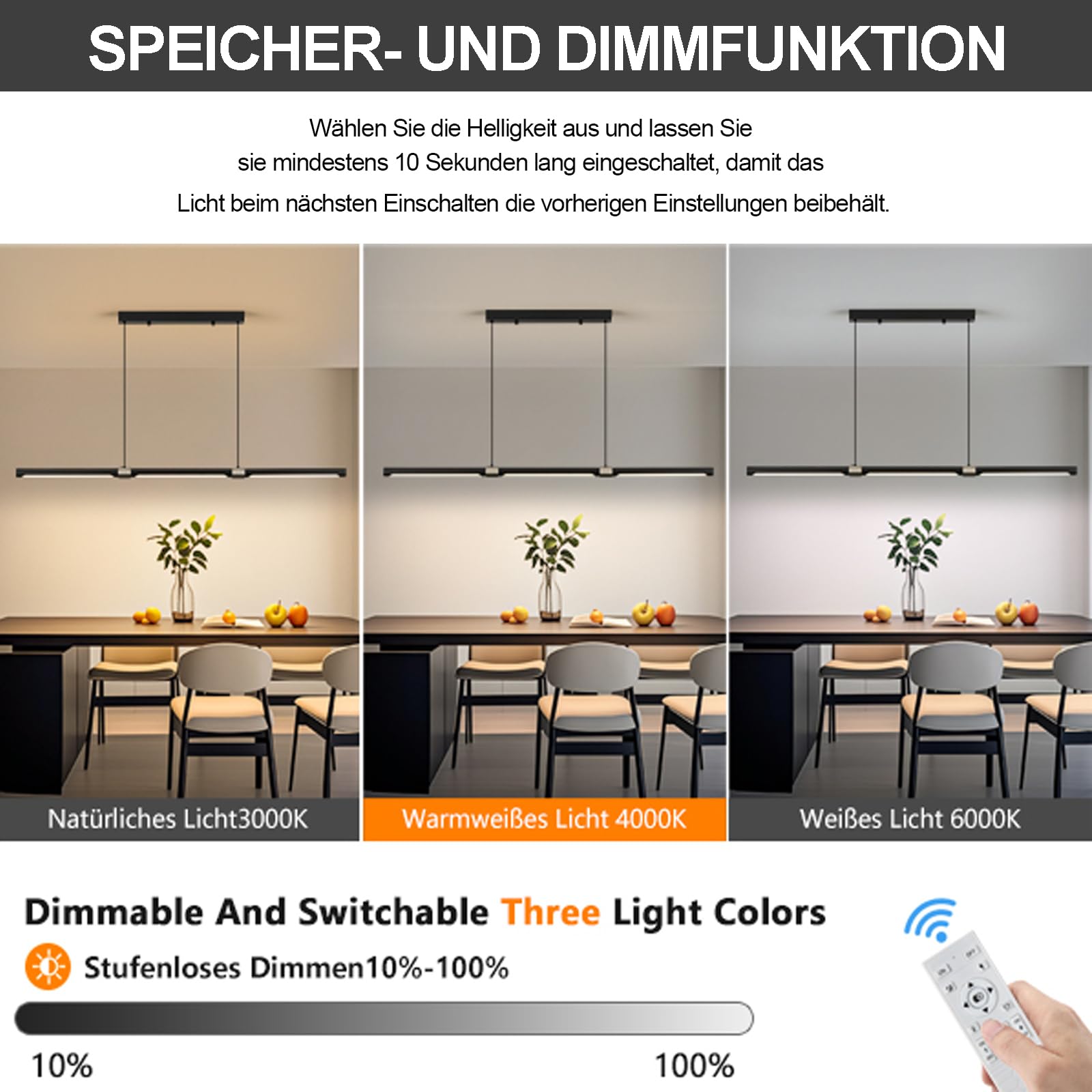 Esstisch Pendelleuchte Schwarz, 100cm 35W Led Hängeleuchte Mit Fernbedienung Dimmbar, Hängelampe Linear Design Hängend Esszimmerlampe Höhenverstellbar (100cm)