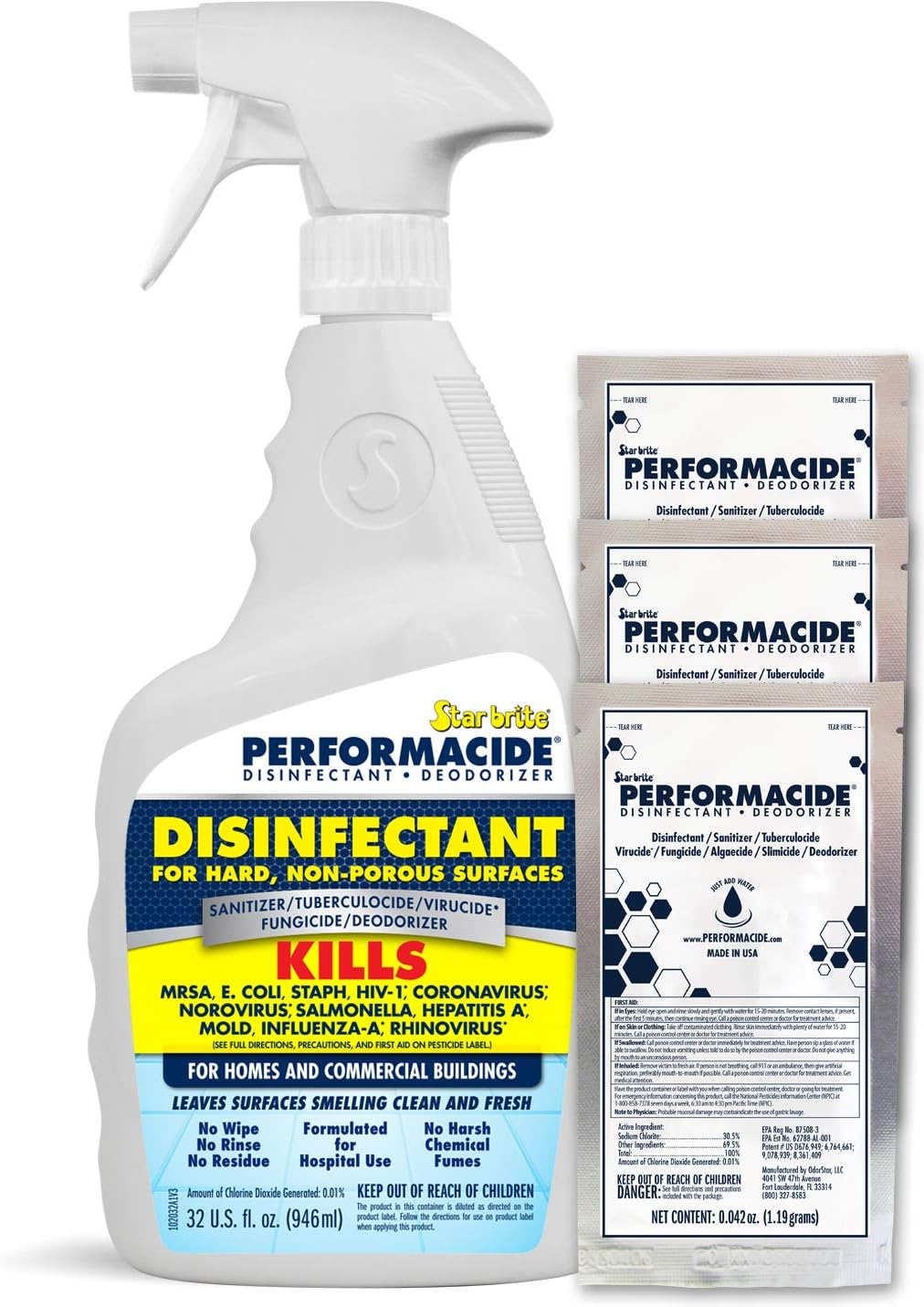 PERFORMACIDE Just Add Water Disinfectant Spray / Virucide / Fungicide / Deodorizer - No Rinse, No Wipe, No Residue – Reusable 32 Oz. Spray Bottle + 3 Eco-Friendly Refill Pouches