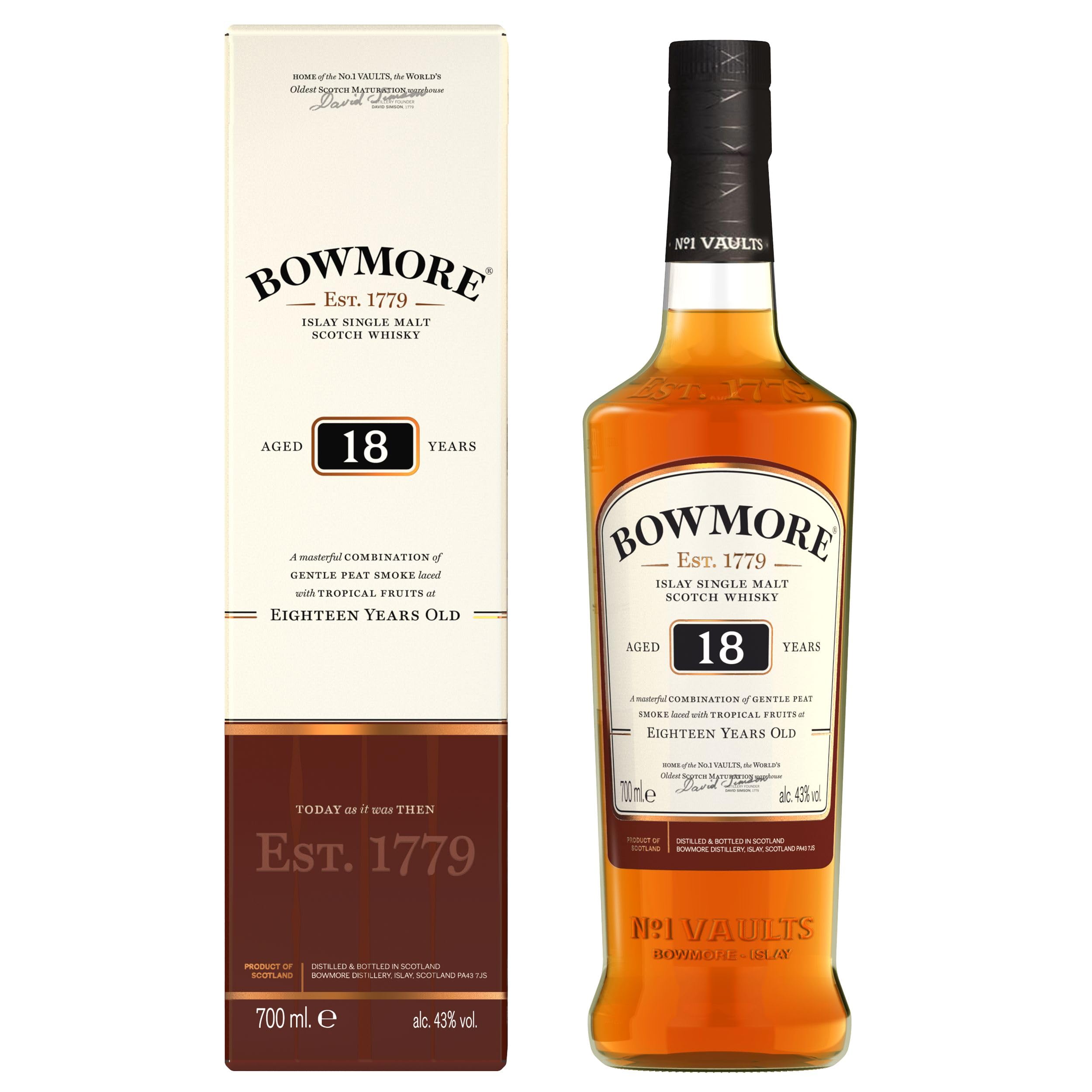 Bowmore 18 Jahre | Islay Single Malt Scotch Whisky | mit Geschenkverpackung | komplexer Geschmack mit leichter Rauchnote | 43% Vol | 700ml Einzelflasche