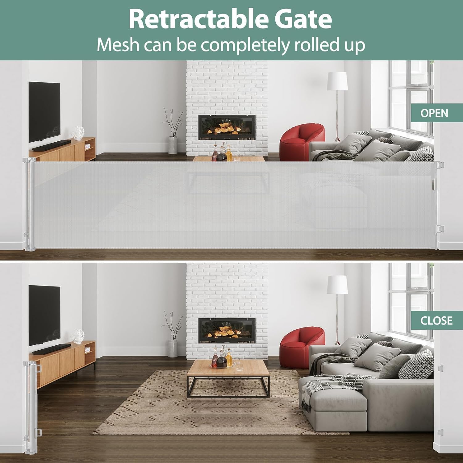 155” Wide Retractable Dog Gates for Doorways Extra Wide Baby Gate Retractable Dog Gate Outdoor Gates for Decks Mesh Puppy Gate Retractable Pet Gate Indoor Retractable Baby Gates for Dogs, Light Gray