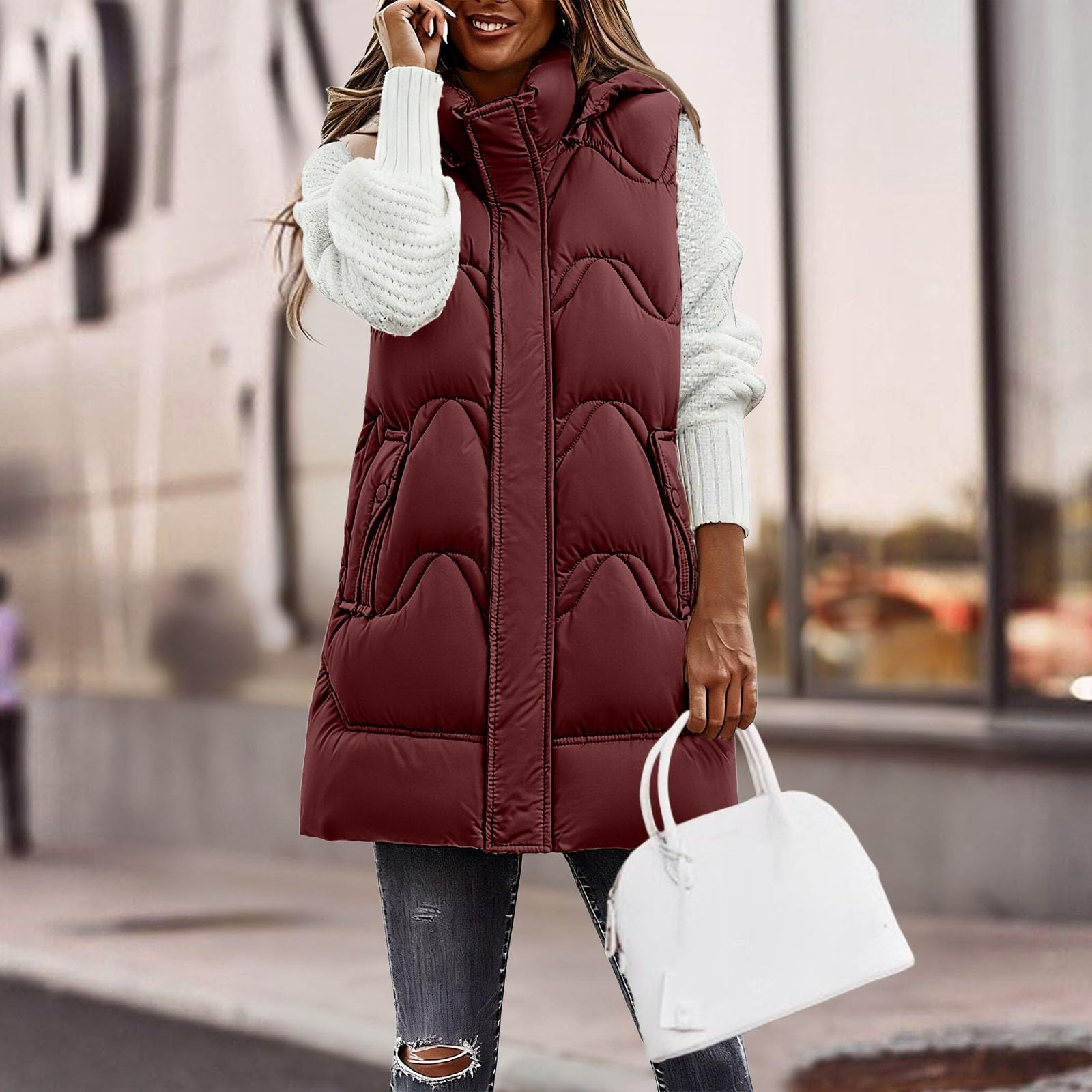 Genérico Abrigo Frio Extremo Mujer,Chaleco Acolchado Largo Con Capucha Y Cuello Alto Para Mujer Abrigo CáLido Sin Mangas Para Clima FríO