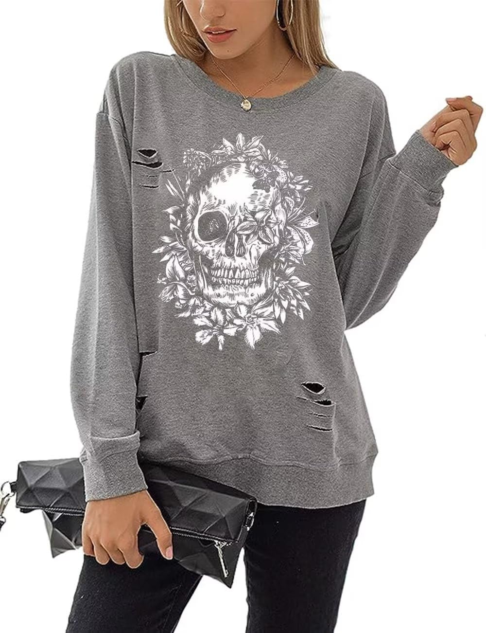 VKEGNIOWomen's Cut Out Halloween Sweatshirt Gothic Skull Graphic Sweatshirt Long Sleeve Tshirts Crewneck Pullover Tops