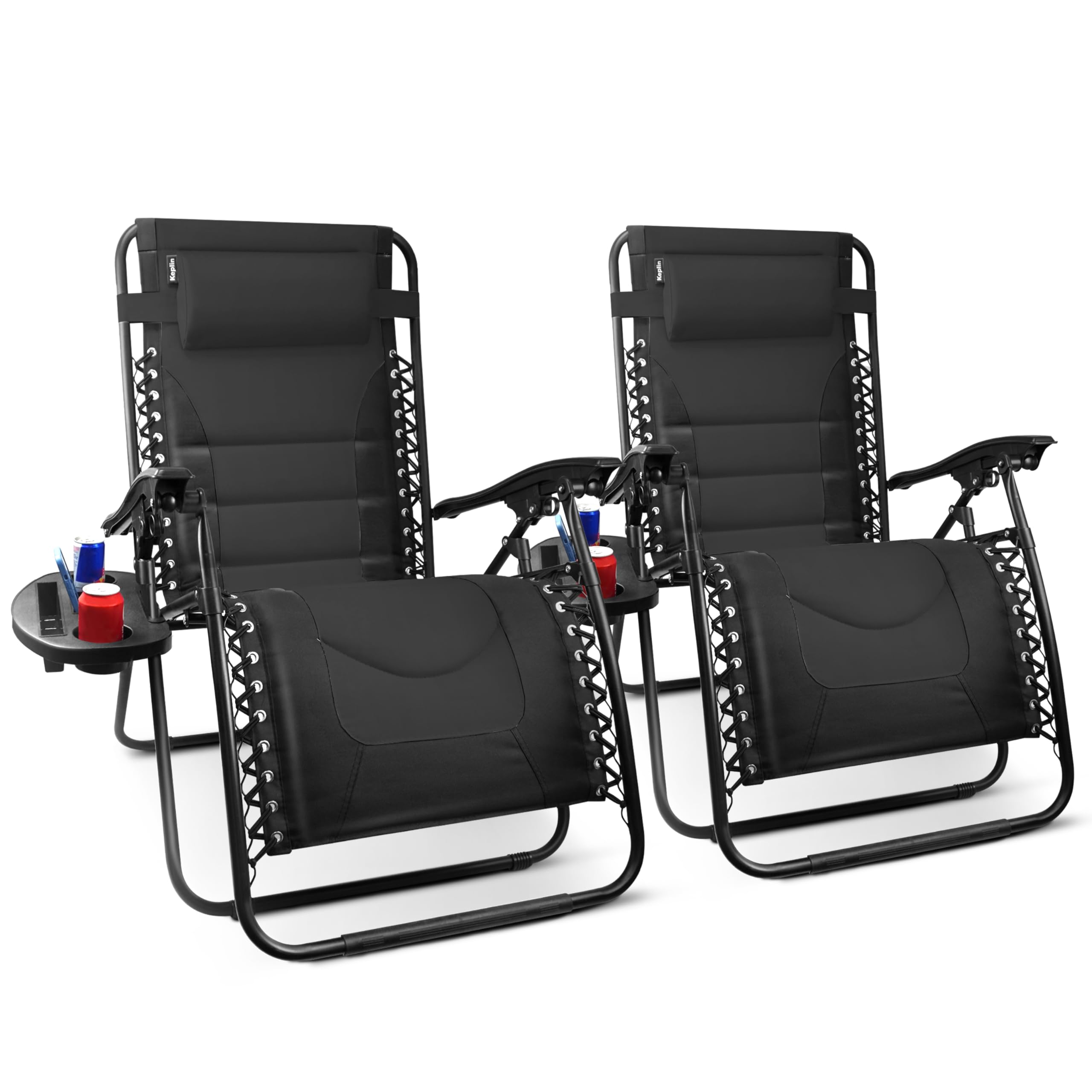 KEPLINSet of 2 XXL Premium Heavy Duty Padded Zero Gravity Chairs - Luxurious Garden Recliners, Adjustable Headrest, Cup & Phone Holder, Foldable, Easy to Clean Patio Sun Loungers(Black)
