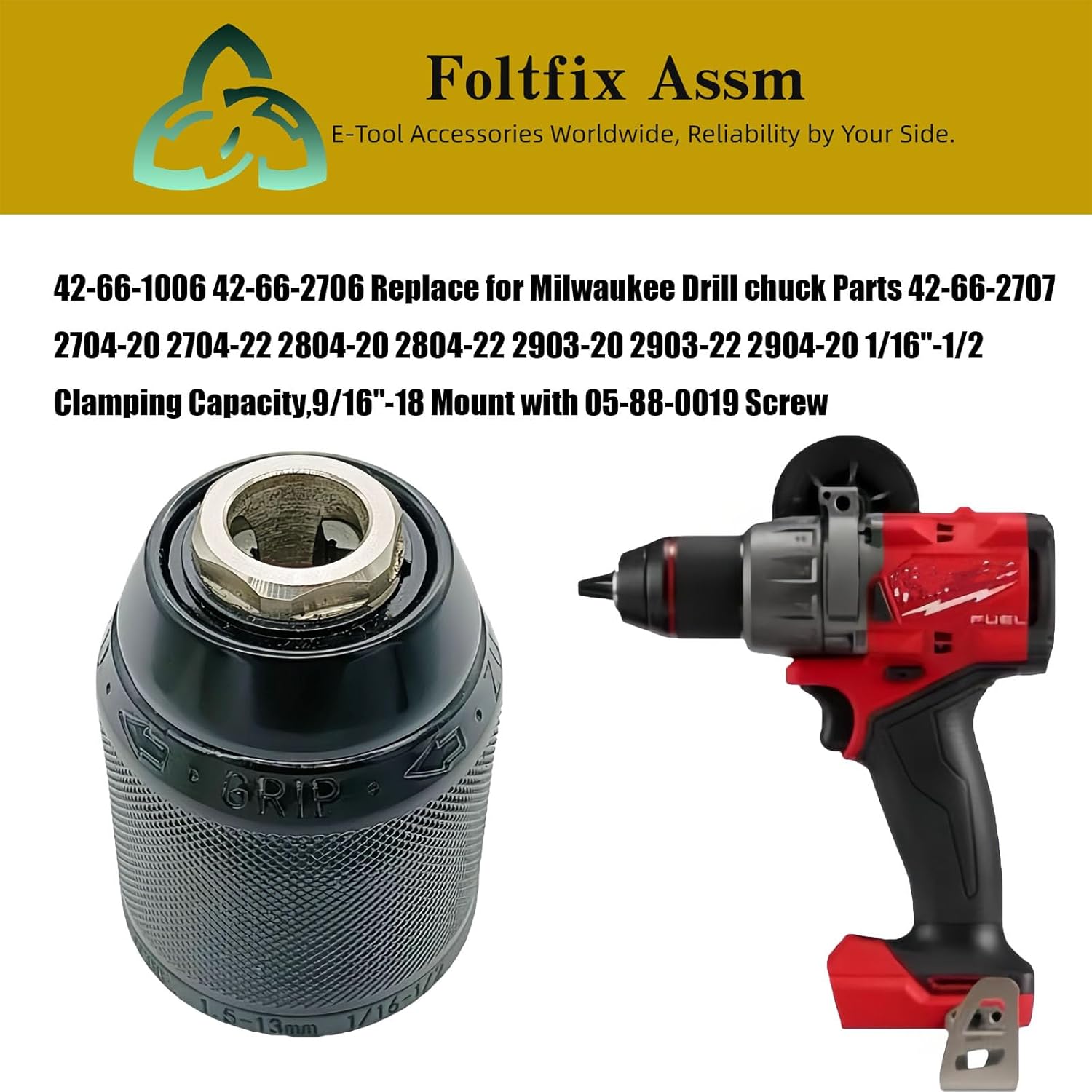 42-66-2706 42-66-1006 Replacement for Milwaukee Drill chuck Parts 42-66-2707 2704-20 2704-22 2804-20 2804-22 2903-20 2903-22 2904-20 1/16"-1/2 Clamping Capacity,9/16"-18 Mount with 05-88-0019 Screw