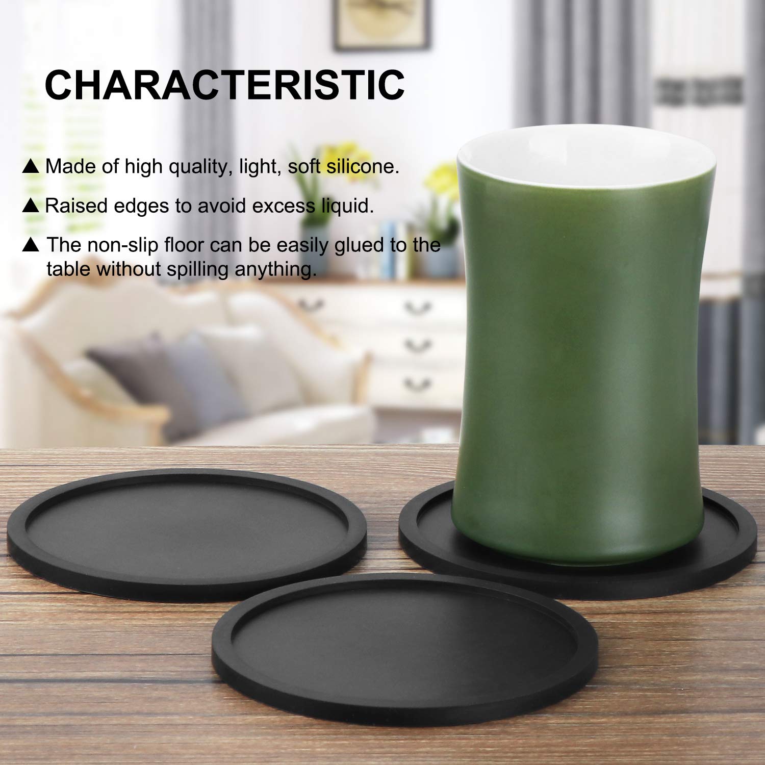 Valink 8 Sottobicchieri In Silicone Nero – Antiscivolo, Bordo Rialzato, 9,7x9,7 Cm – Proteggi Tavolo Da Macchie